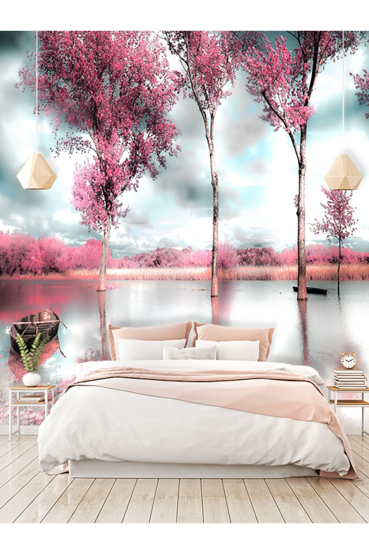 dreamwall Göl Ve Mor Çiçekli Ağaçlar Desenli Yırtılmaz Tekstil Duvar Kağıdı
