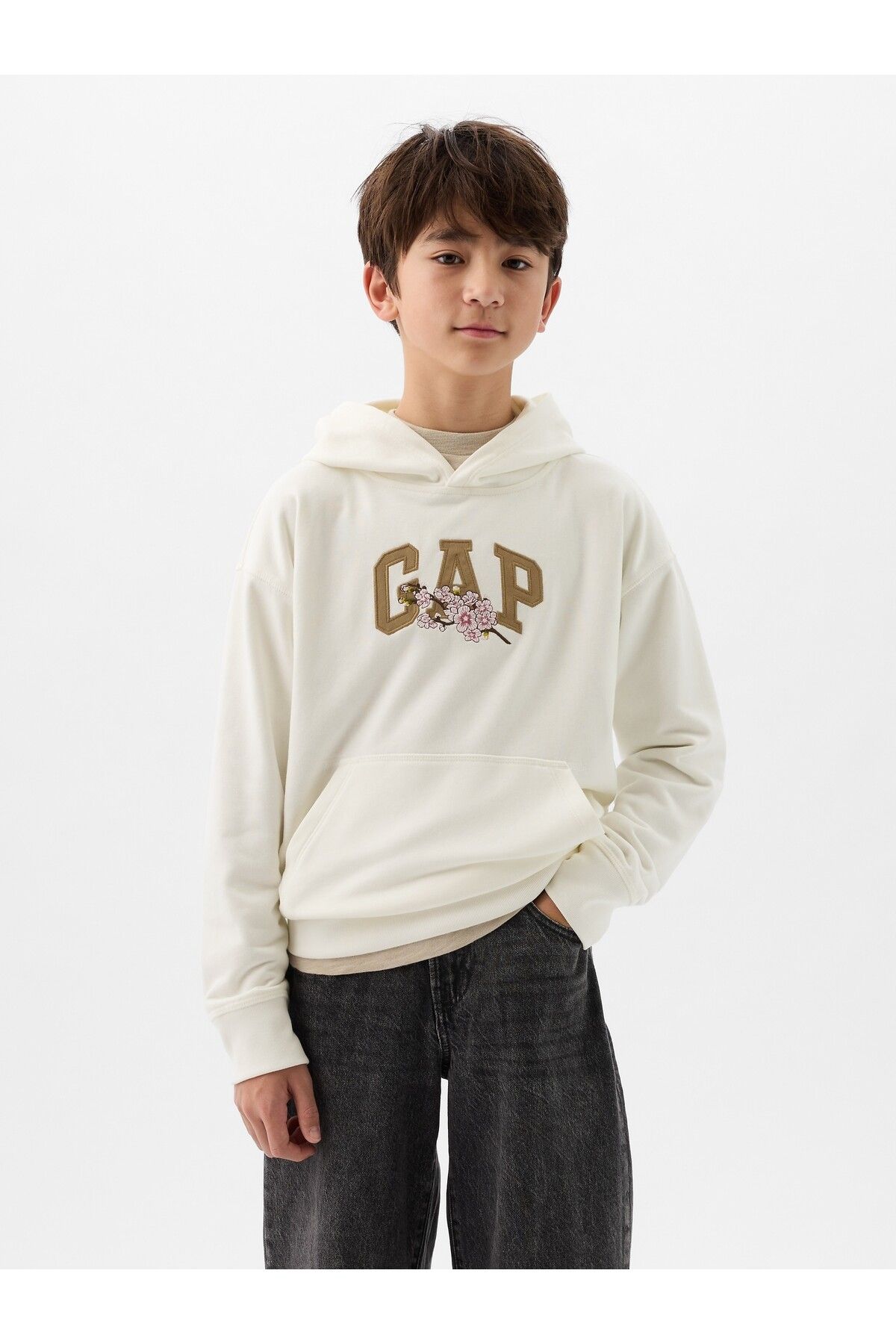 GAP Erkek Çocuk Kırık Beyaz Çiçek İşlemeli Gap Logo Fransız Havlu Kumaş Sweatshirt