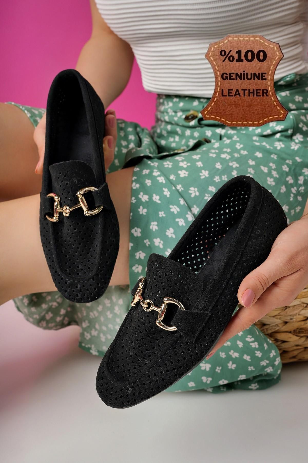 Muggo Phuket Garantili Metal Tokalı Lazerli Nefes Alabilen Deri Kadın Loafer Günlük Ayakkabı
