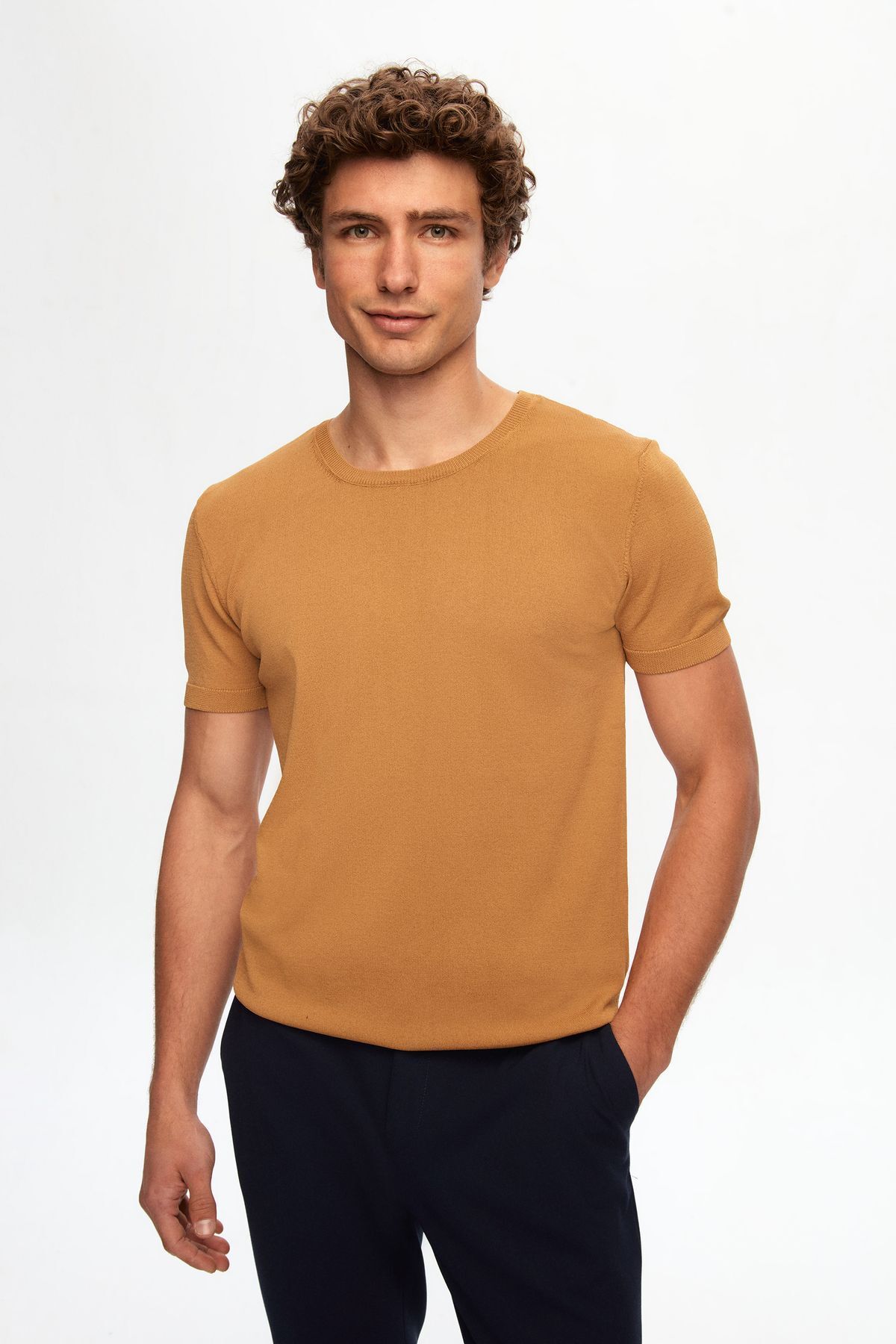 TWN Slim Fit Camel Düz Örgü Rayon Örme T-shirt