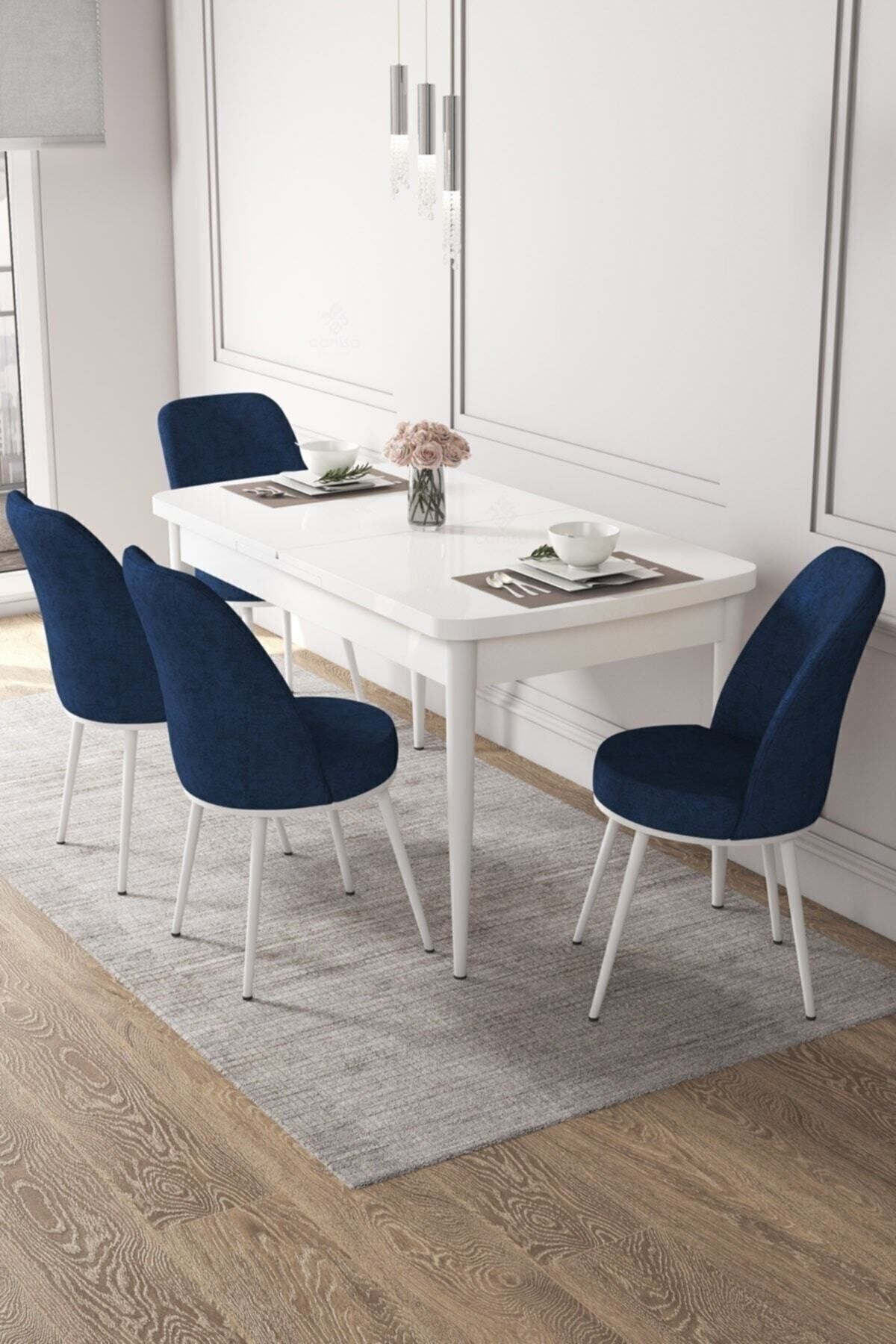 Canisa Concept Via Serisi, 80x132 Açılabilir Beyaz Mutfak Masa Takımı, 4 Lacivert Sandalye