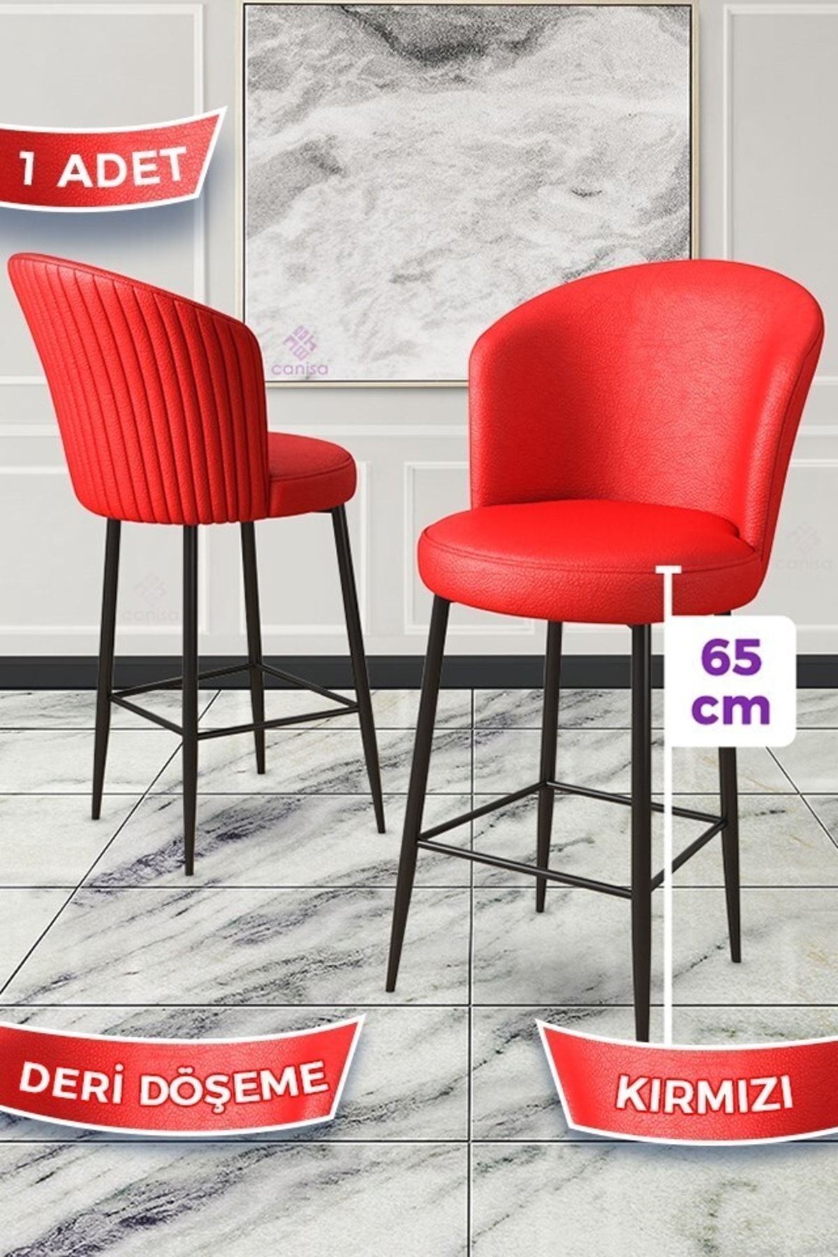 Canisa Rika Serisi 1 Adet Kırmızı 65 Cm Deri Bar Sandalyesi Siyah Metal Ayaklı Ada Mutfak Bar Sandalyesi