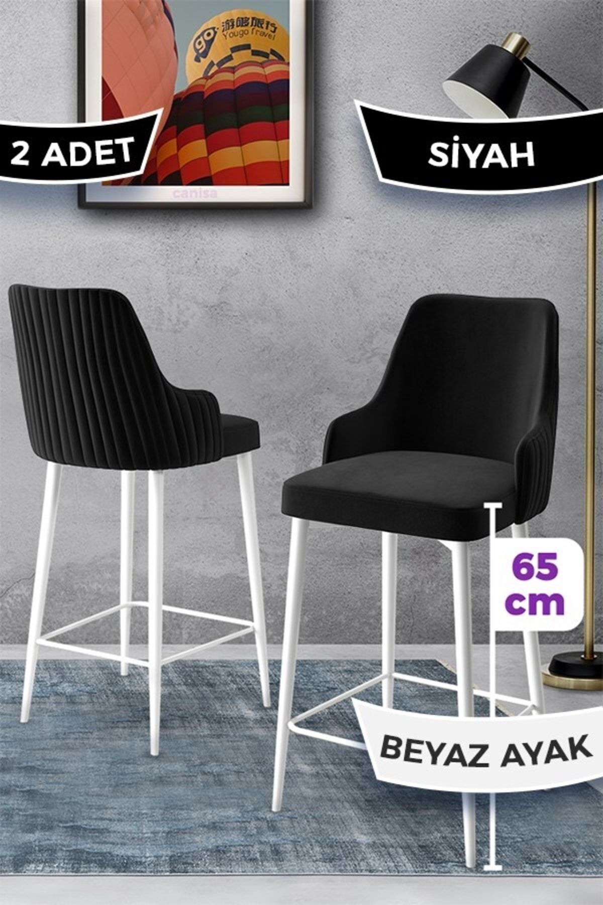 Canisa Tera Serisi 2 Siyah Sandalye 65 Cm Ada Mutfak Bar Sandalyesi Babyface Kumaş Beyaz Metal Ayaklı
