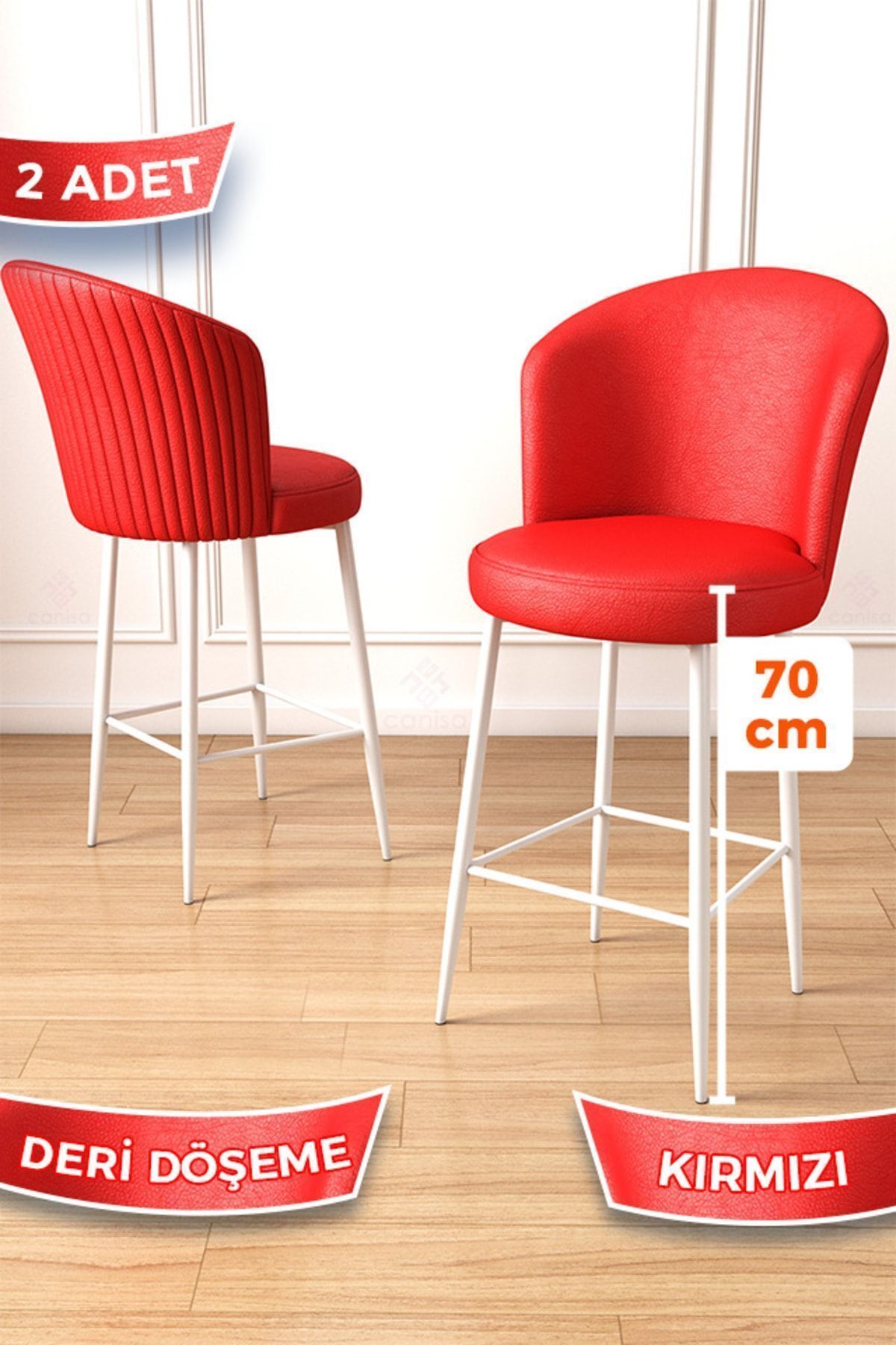 Canisa Uras Serisi 2 Adet Kırmızı Deri Bar Sandalyesi Deri Ada Yemek Odası Sandalyesi Beyaz Metal Ayaklı