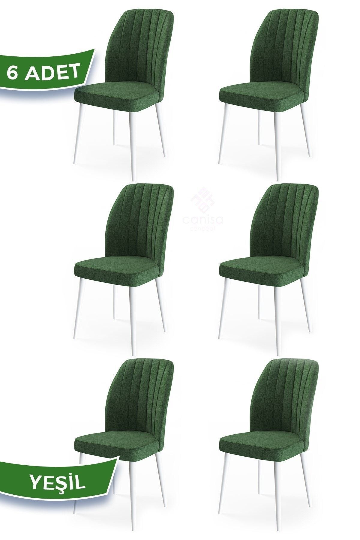 Canisa Etra Serisi, Üst Kalite Yemek Odası Sandalyesi, 6 Adet Yeşil Sandalye, Beyaz Gürgen Ayaklı