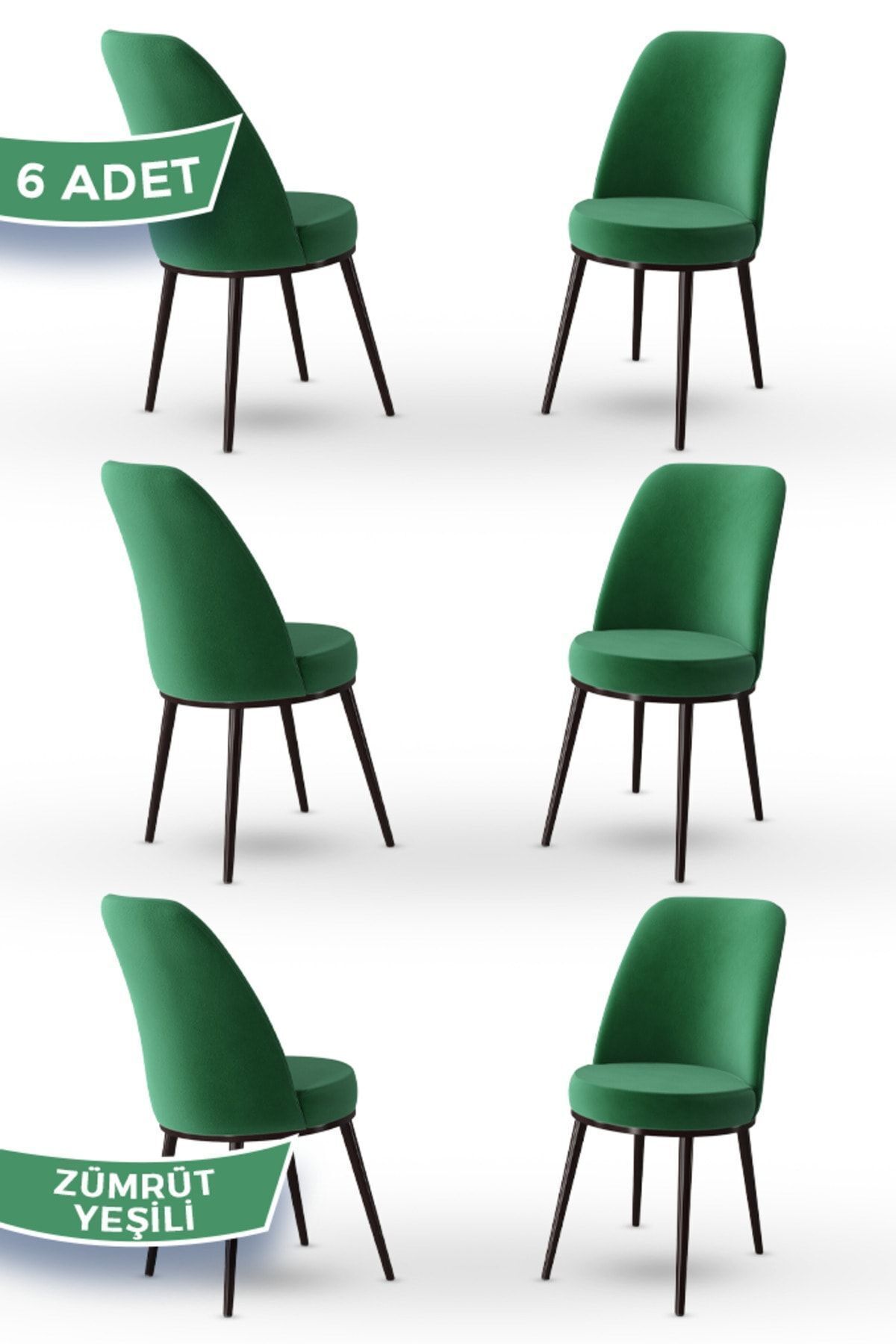 Canisa Jaxe Serisi 6 Adet Zümrüt Yeşili Mutfak Sandalyesi Metal Kahverengi İskeletli