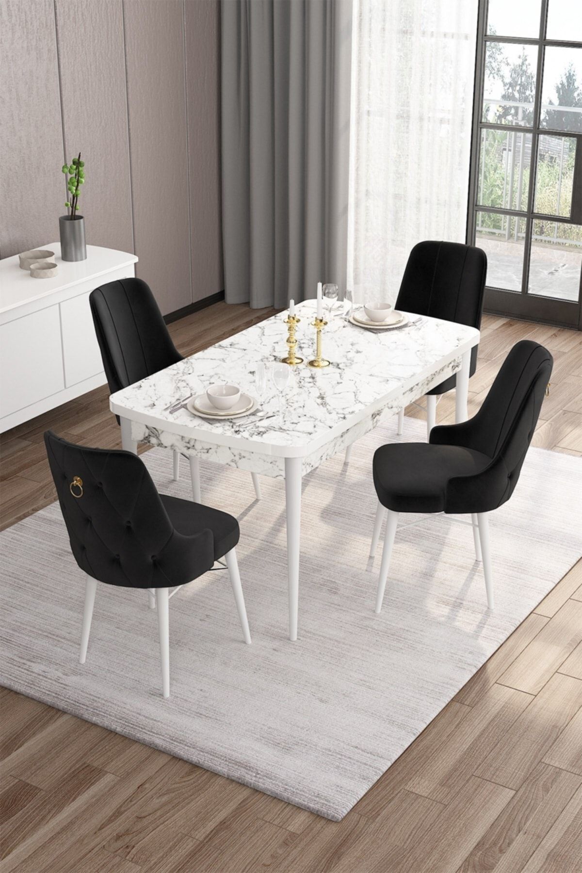 Canisa Concept Are Serisi 80x132 Açılabilir Mdf Beyaz Mermer Desen Mutfak Masa Takımı 4 Siyah Sandalye