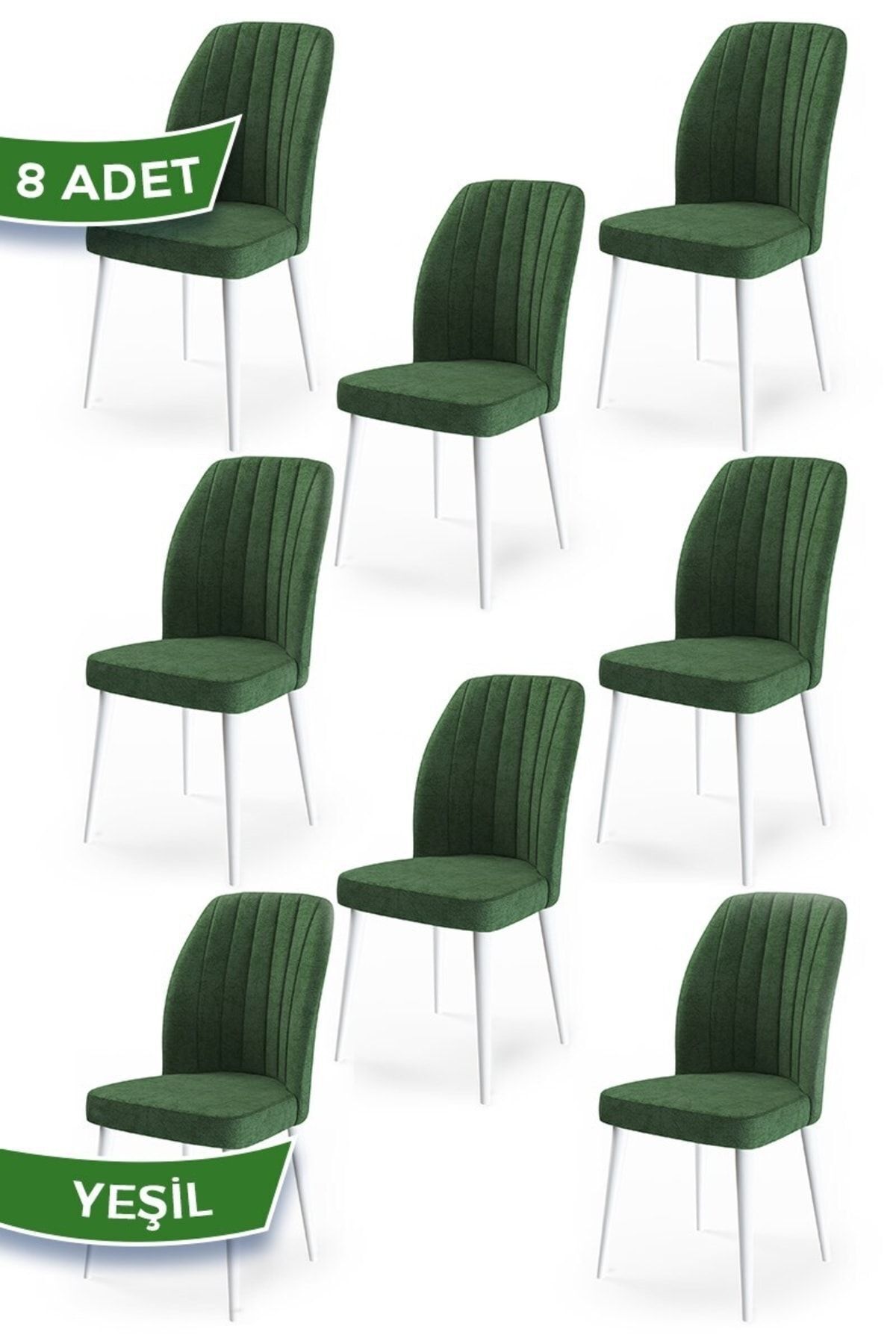 Canisa Etra Serisi, Üst Kalite Mutfak Sandalyesi, 8 Adet Yeşil Sandalye, Beyaz Gürgen Ayaklı