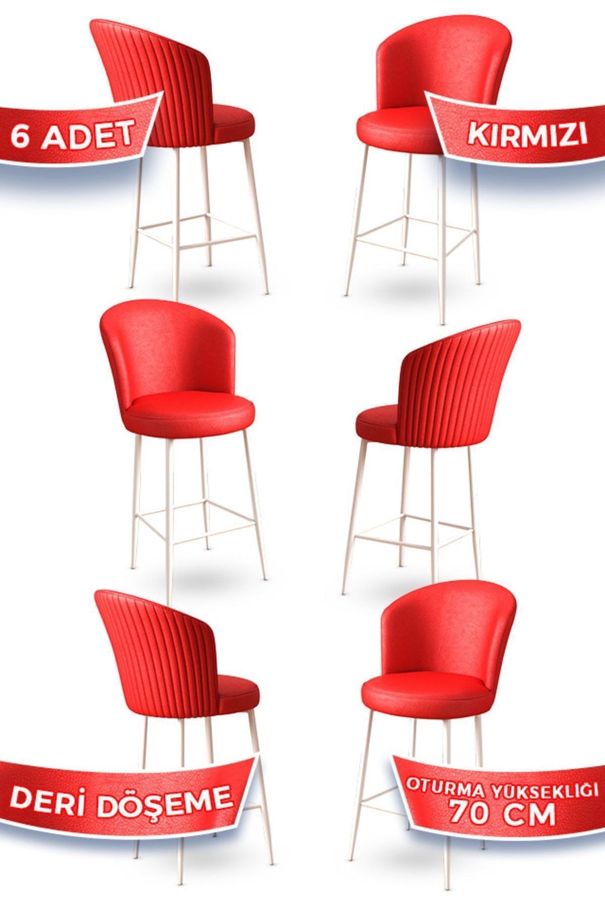 Canisa Uras Serisi 6 Adet Kırmızı Deri Bar Sandalyesi Deri Ada Yemek Odası Sandalyesi Beyaz Metal Ayaklı