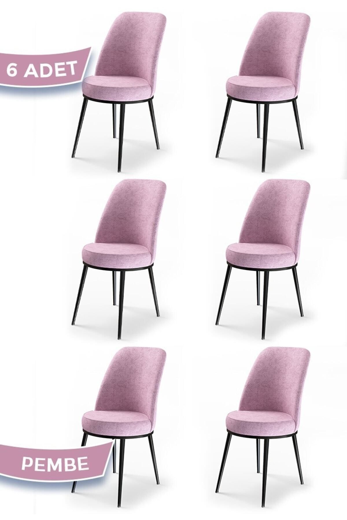 Canisa Dexa Serisi, Üst Kalite Mutfak Sandalyesi, 6 Adet Pembe Sandalye, Metal Siyah Iskeletli