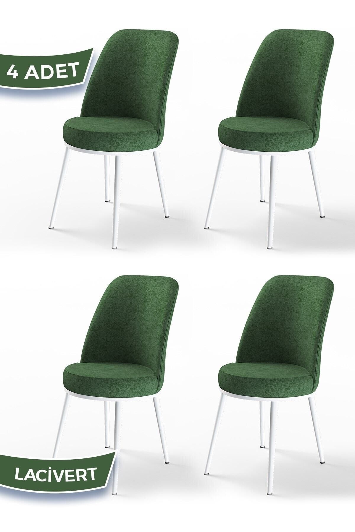 Canisa Dexa Serisi, Üst Kalite Mutfak Sandalyesi,4 Adet Haki Yeşil Sandalye, Metal Beyaz Iskeletli