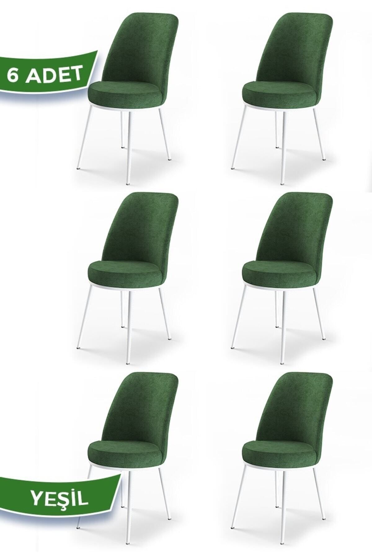 Canisa Dexa Serisi, Üst Kalite Mutfak Sandalyesi, 6 Adet Haki Yeşil Sandalye, Metal Beyaz Iskeletli