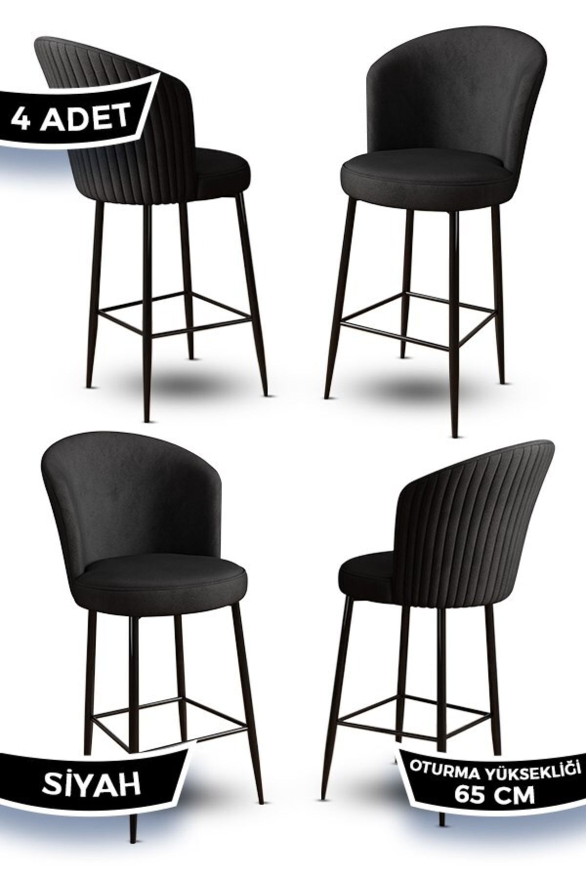 Canisa Alte Serisi 4 Siyah Sandalye 65 Cm Ada Mutfak Bar Sandalyesi Babyface Kumaş Siyah Metal Ayaklı