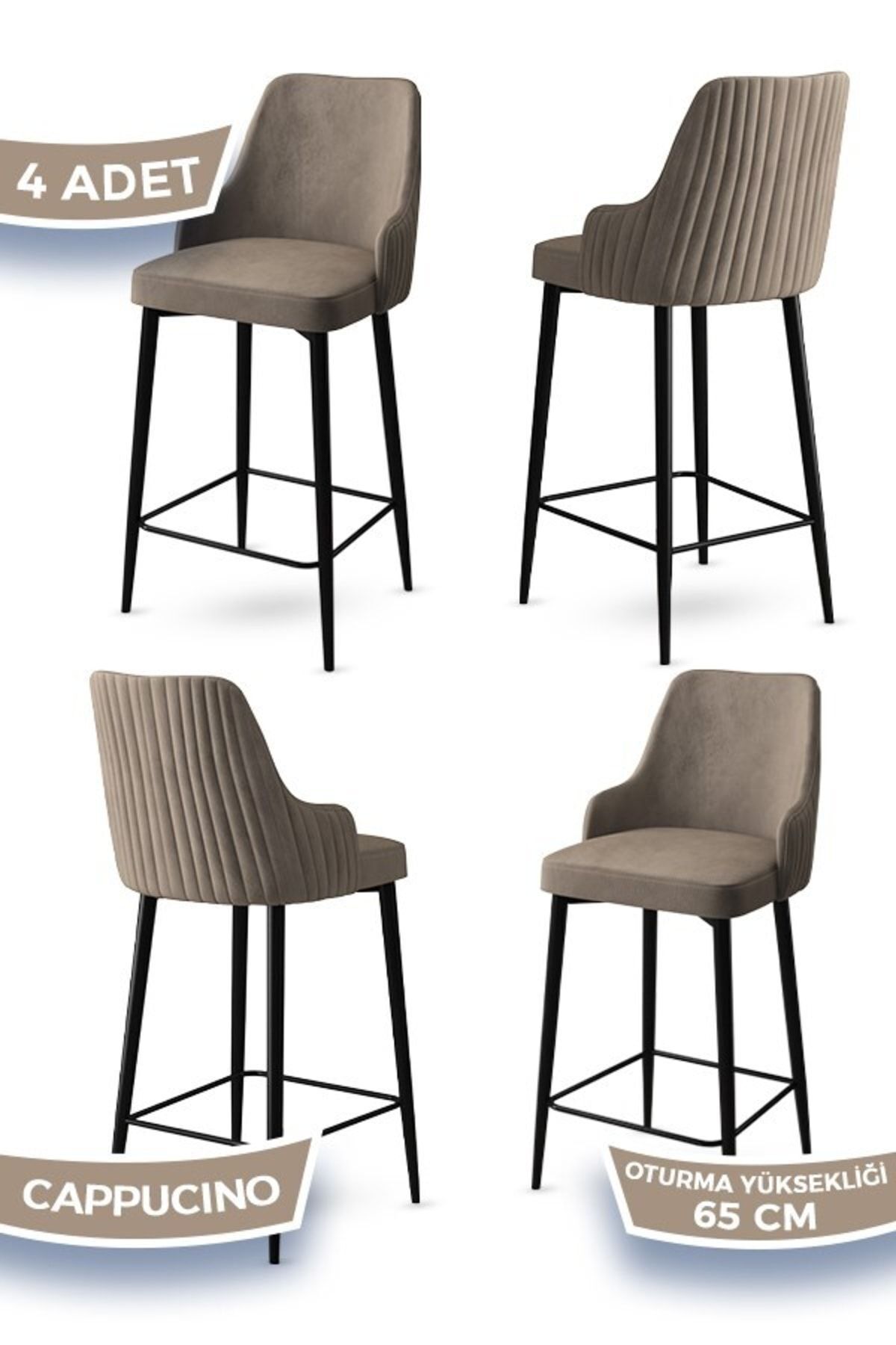 Canisa Tera Serisi 4 Cappucino Sandalye 65 Cm Ada Mutfak Bar Sandalyesi Babyface Kumaş Siyah Metal Ayaklı