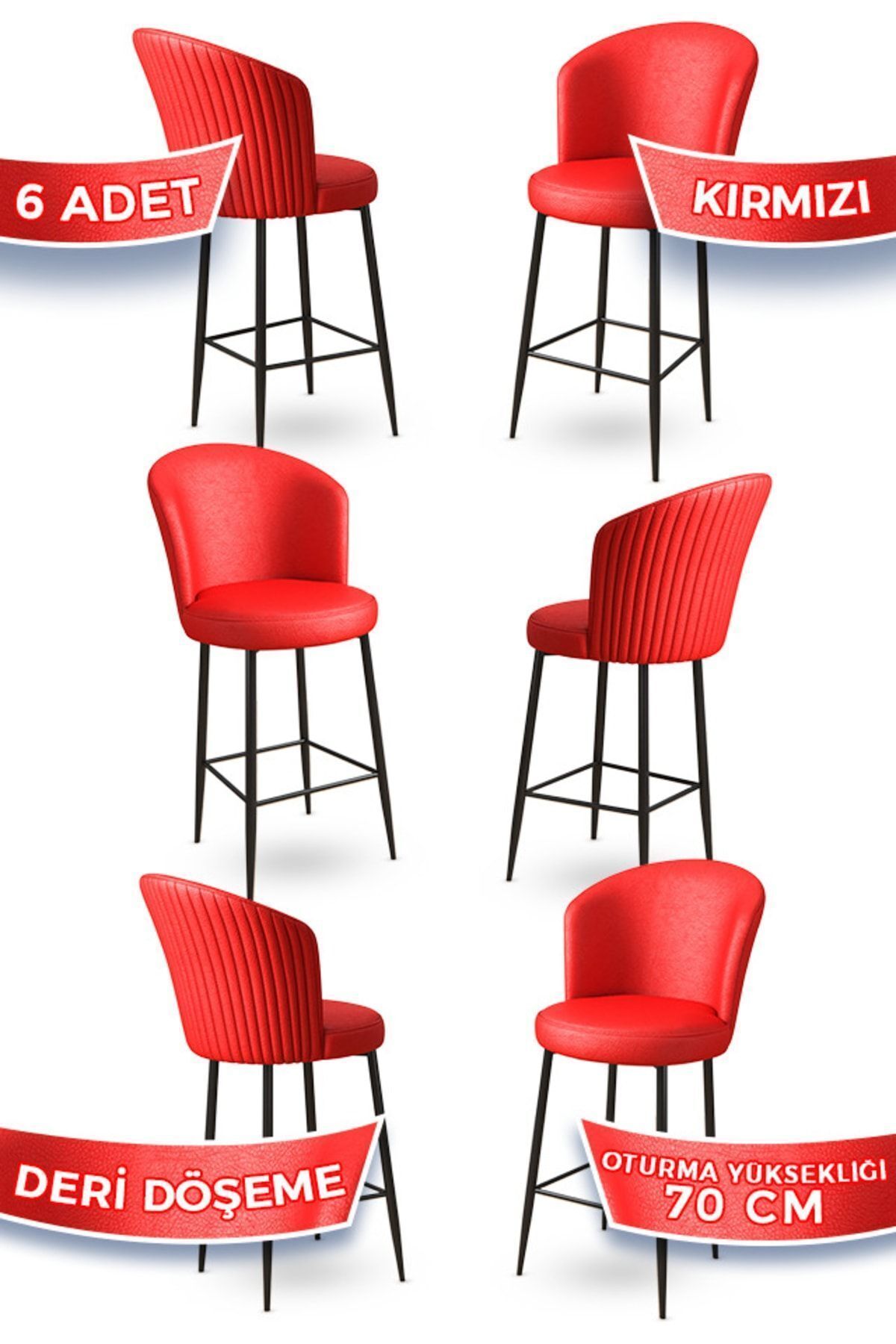 Canisa Uras Serisi 6 Adet Kırmızı Deri Bar Sandalyesi Deri Ada Yemek Odası Sandalyesi Siyah Metal Ayaklı