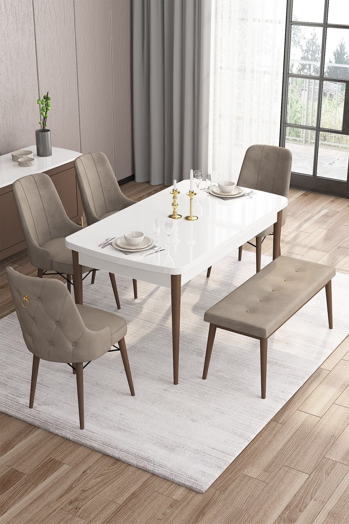Canisa Are Serisi Beyaz Masa Ceviz Ayak 80x132 Mdf Yemek Masası 4 Cappucino Sandalye 1 Bench Gold Halka