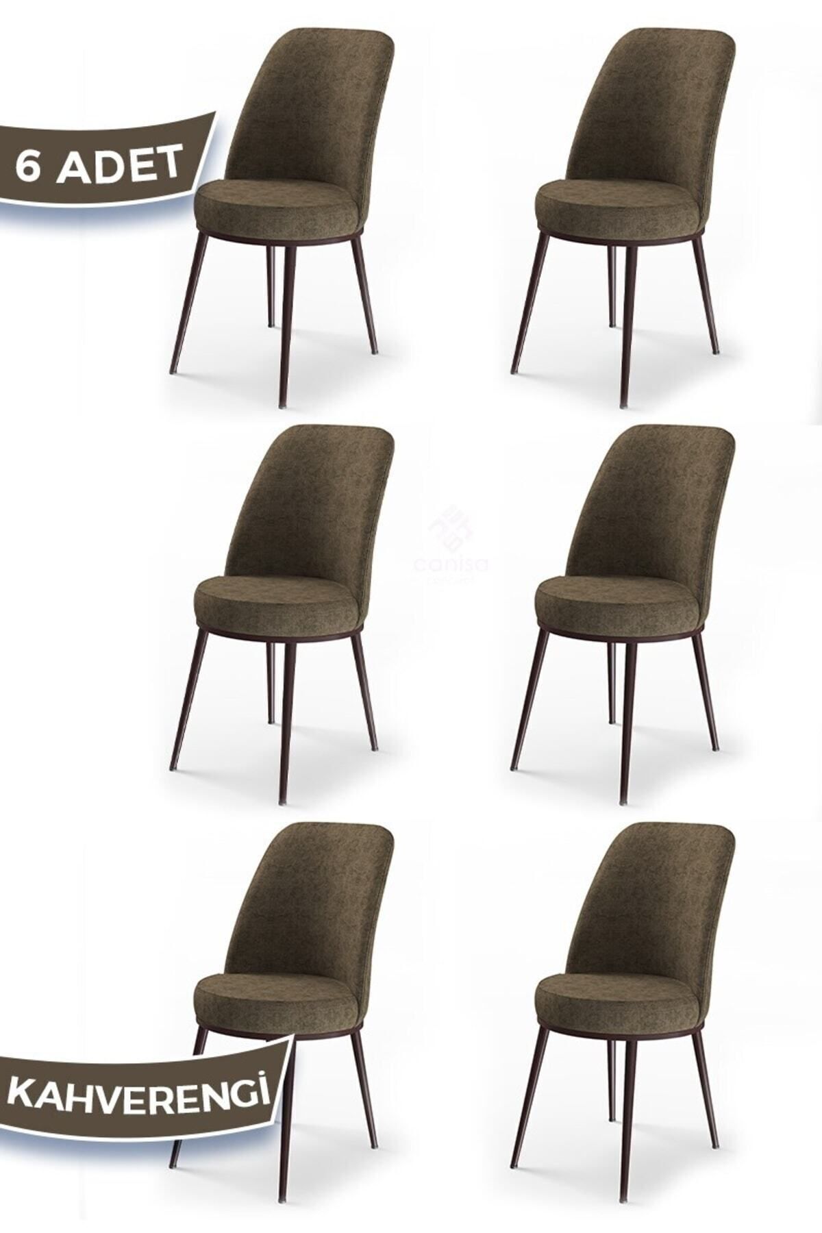 Canisa Dexa Serisi, Üst Kalite Mutfak Sandalyesi, 6 Adet Kahve Sandalye, Metal Kahverengi Iskeletli