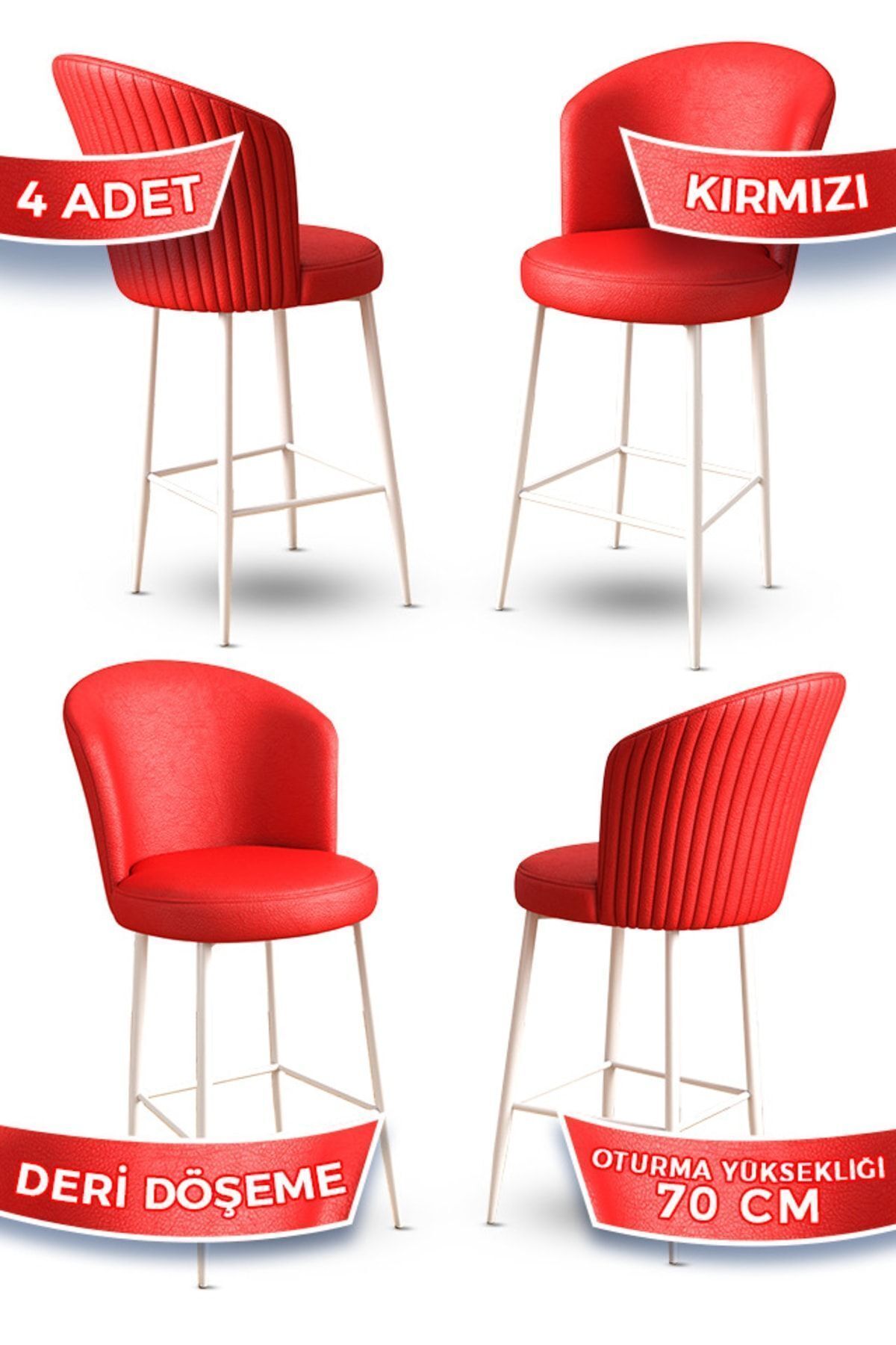 Canisa Uras Serisi 4 Adet Kırmızı Deri Bar Sandalyesi Deri Ada Mutfak Sandalyesi Beyaz Metal Ayaklı