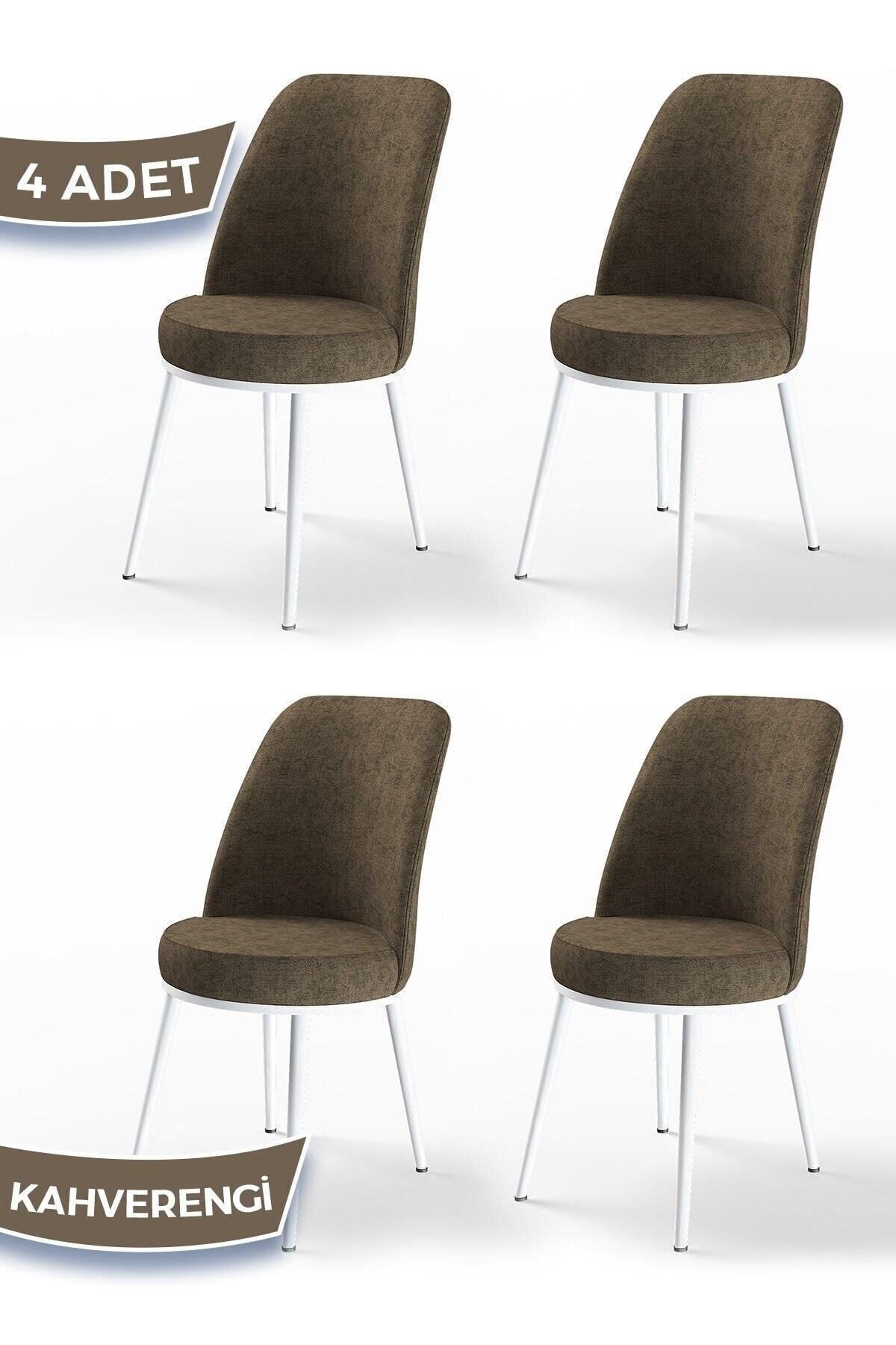 Canisa Dexa Serisi, Üst Kalite Mutfak Sandalyesi,4 Adet Kahve Sandalye, Metal Beyaz Iskeletli