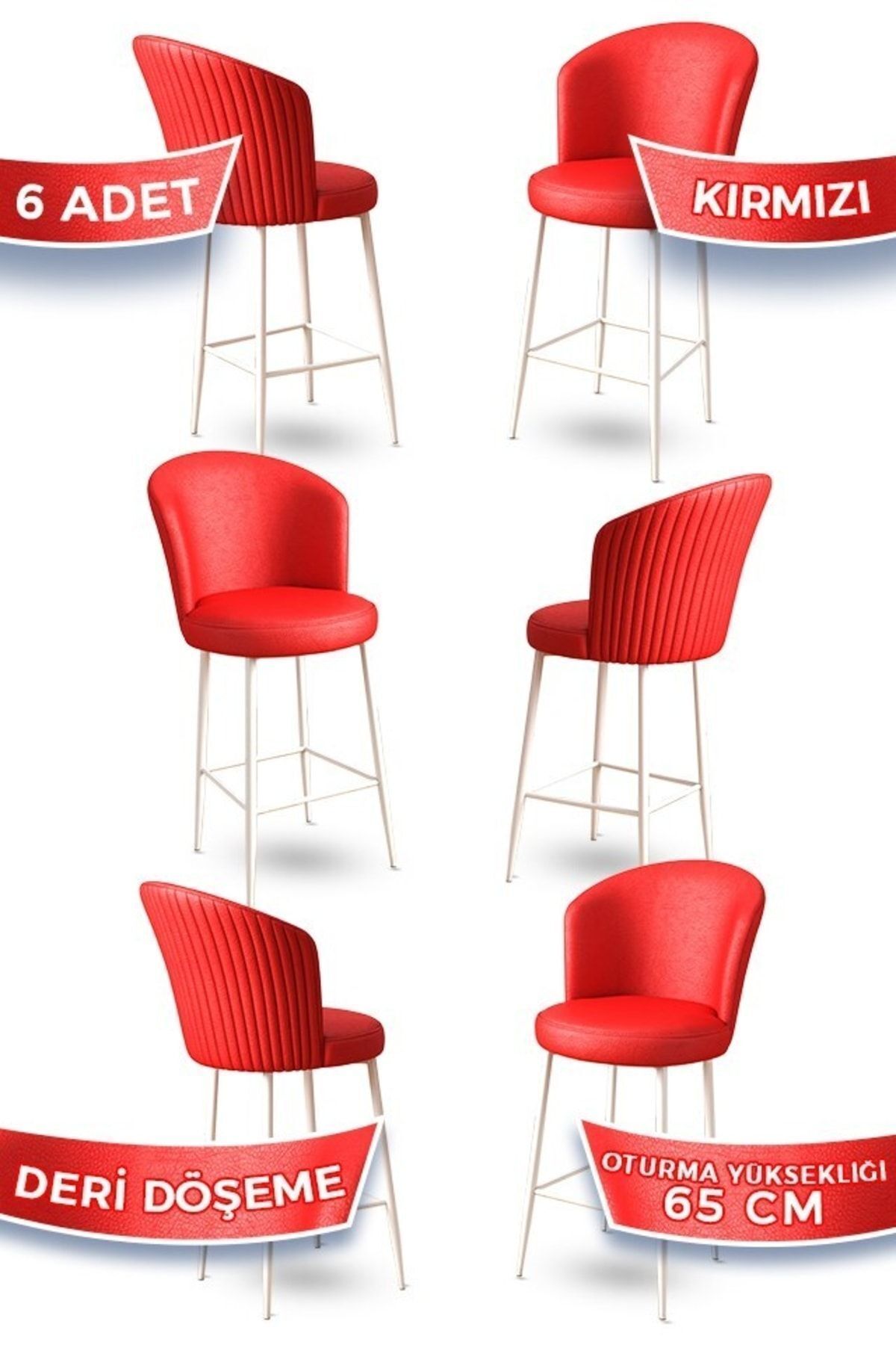 Canisa Rika Serisi 6 Adet Kırmızı 65 Cm Deri Bar Sandalyesi Beyaz Metal Ayaklı Ada Mutfak Bar Sandalyesi