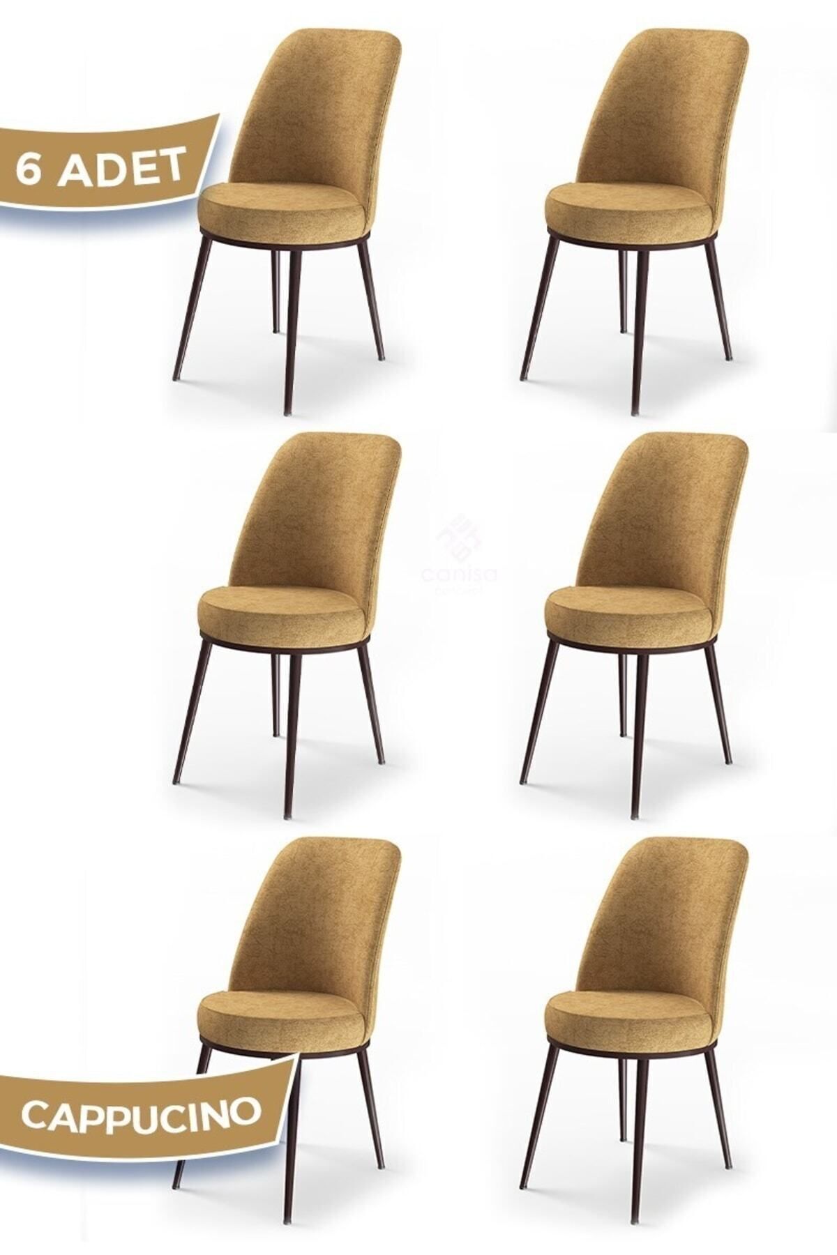 Canisa Dexa Serisi, Üst Kalite Mutfak Sandalyesi, 6 Adet Cappucino Sandalye, Metal Kahverengi Iskeletli