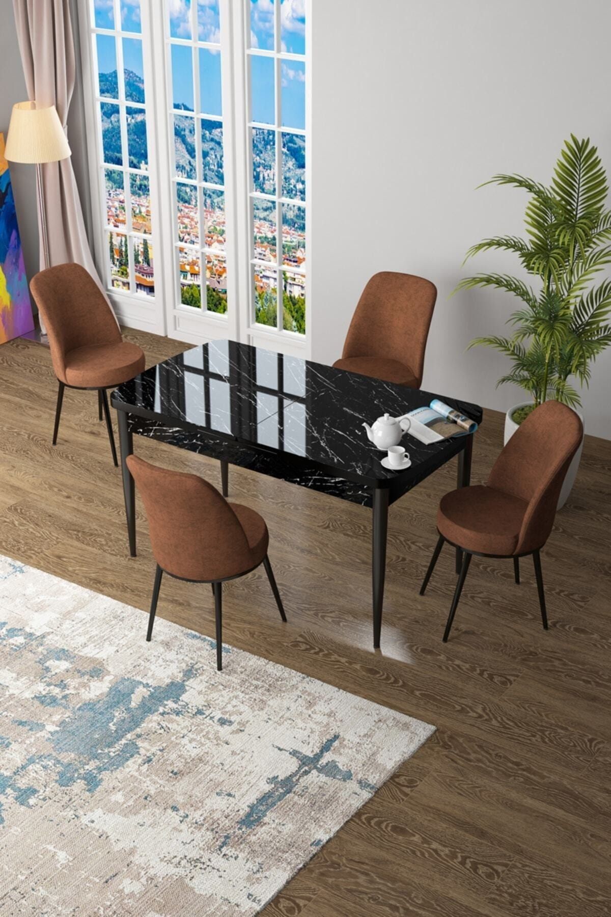 Canisa Concept Zen Serisi Mdf Açılabilir Mutfak Masa Takımı-siyah Masa+ 4 Kiremit Sandalye