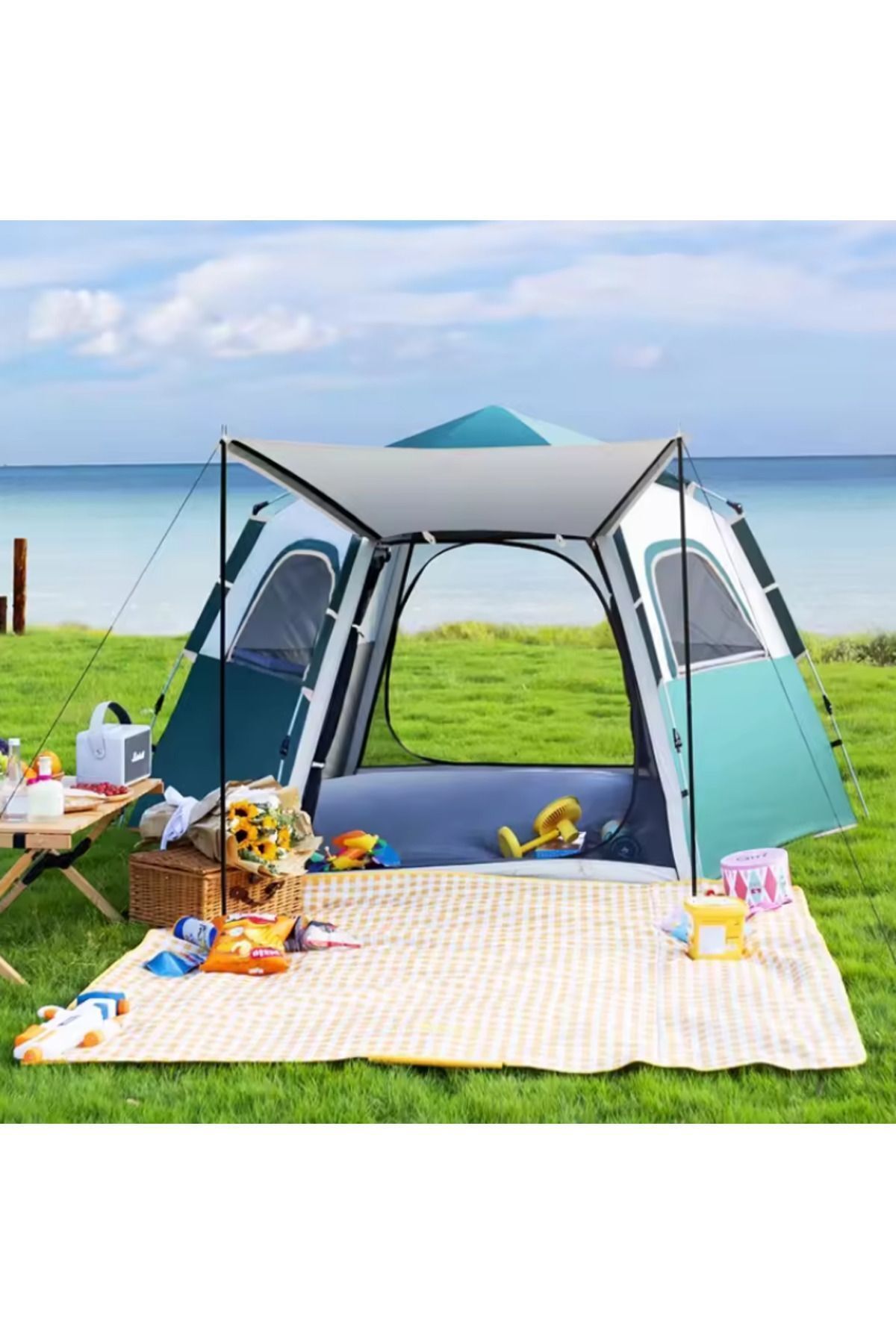 Reidan 6 Kişilik Oval Otomatik Kamp Çadırı 240x210x140cm Dayanıklı Piknik Çadır Taşıma Çantalı Su Geçirmez