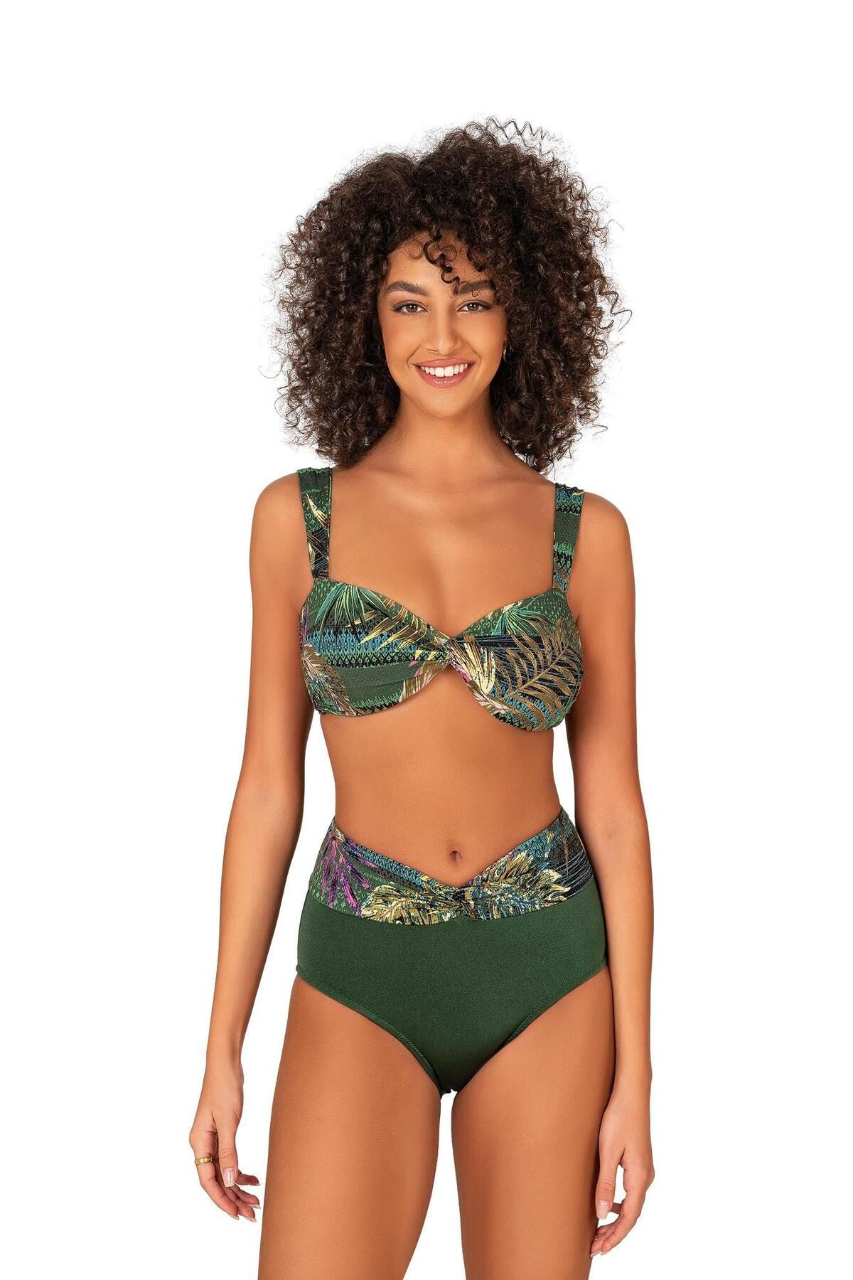 Endeep Kadın Yeşil Yaprak Desenli Parıltılı Yüksek Bel Bikini Takımı