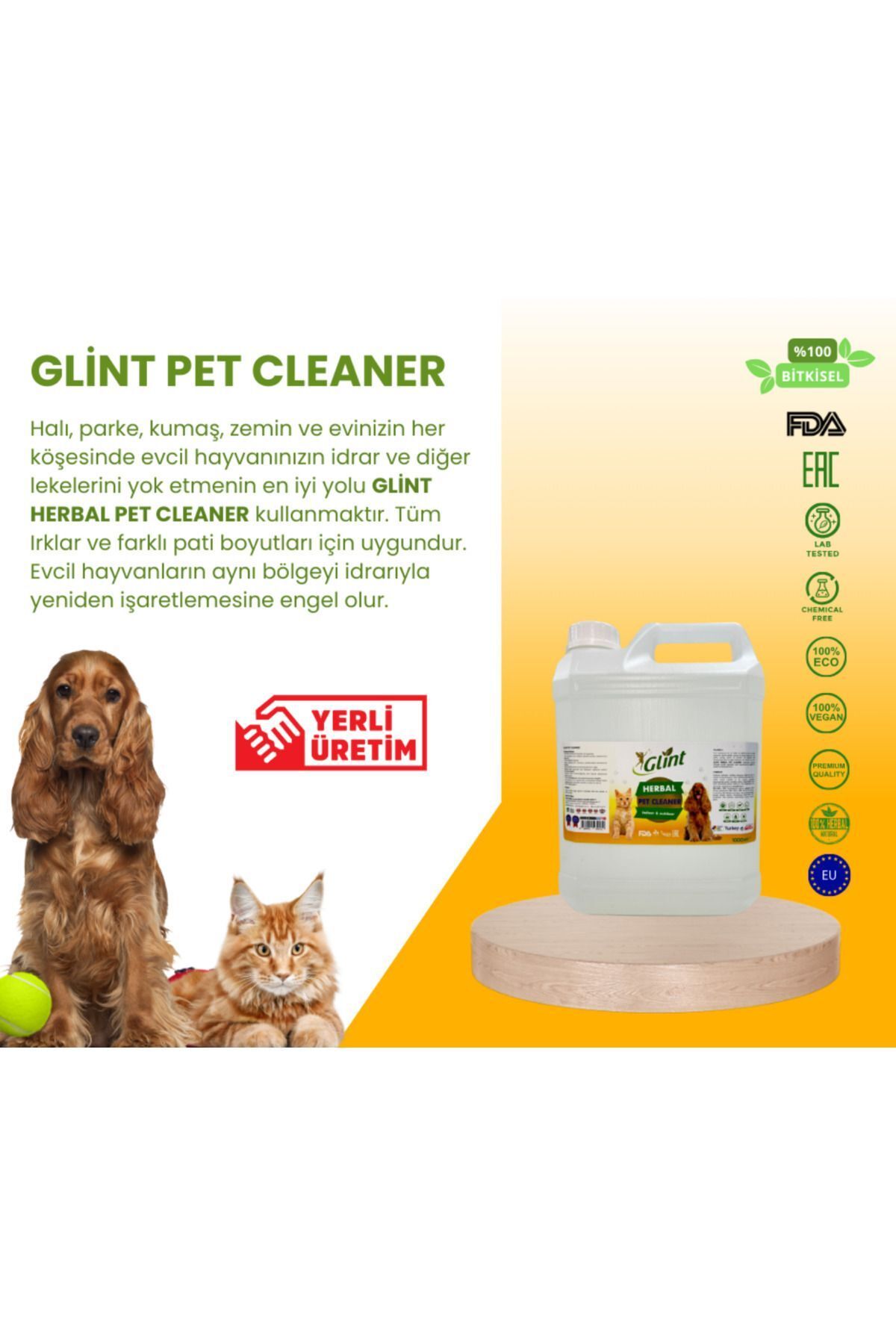 Glint Pet Cleaner 5 Lt %100 Bitkisel Kimyasalsız Kedi Köpek Yüzey Temizleyicisi