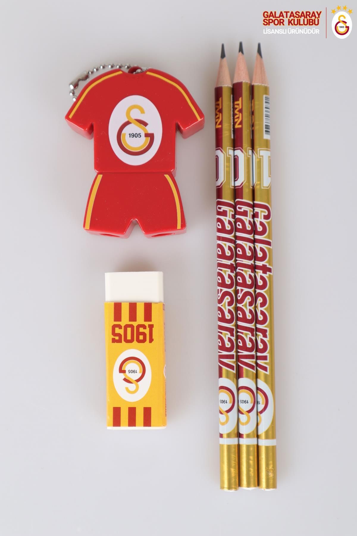 Galatasaray Lisanslı 3 Adet Kurşun Kalem,logo Silgi Ve Kalemtraş Seti