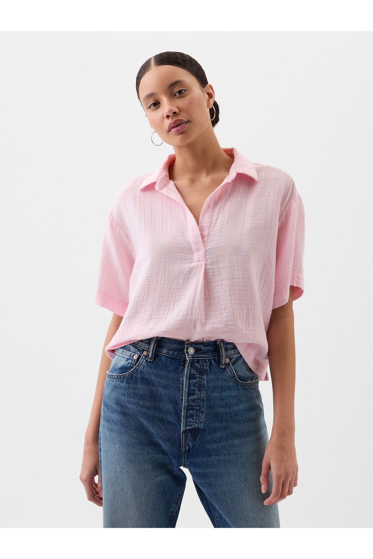 GAP Kadın Pembe Relaxed Gauze Popover Bluz