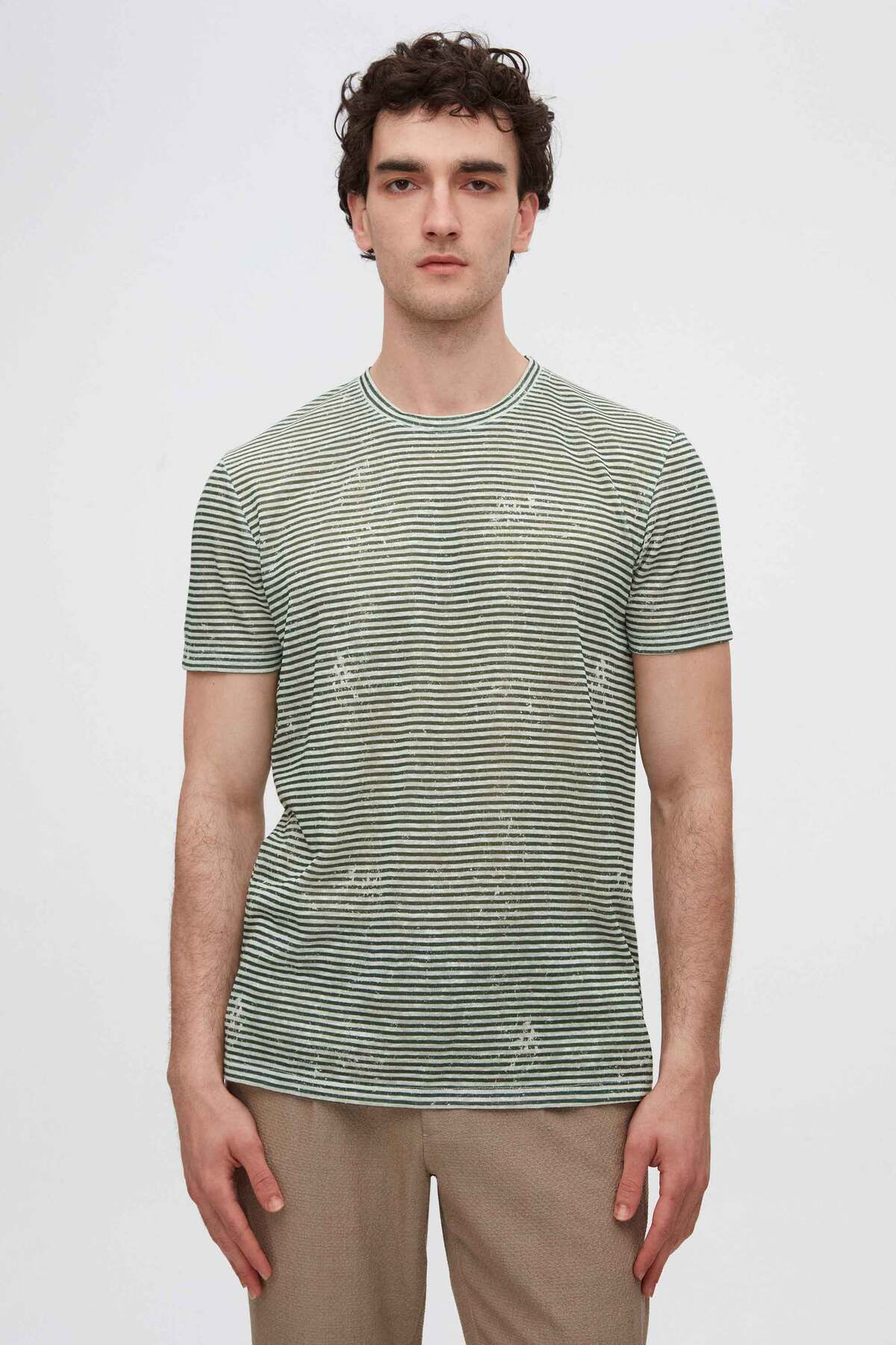 TWN Slim Fit Yeşil Çizgi Baskılı T-shirt