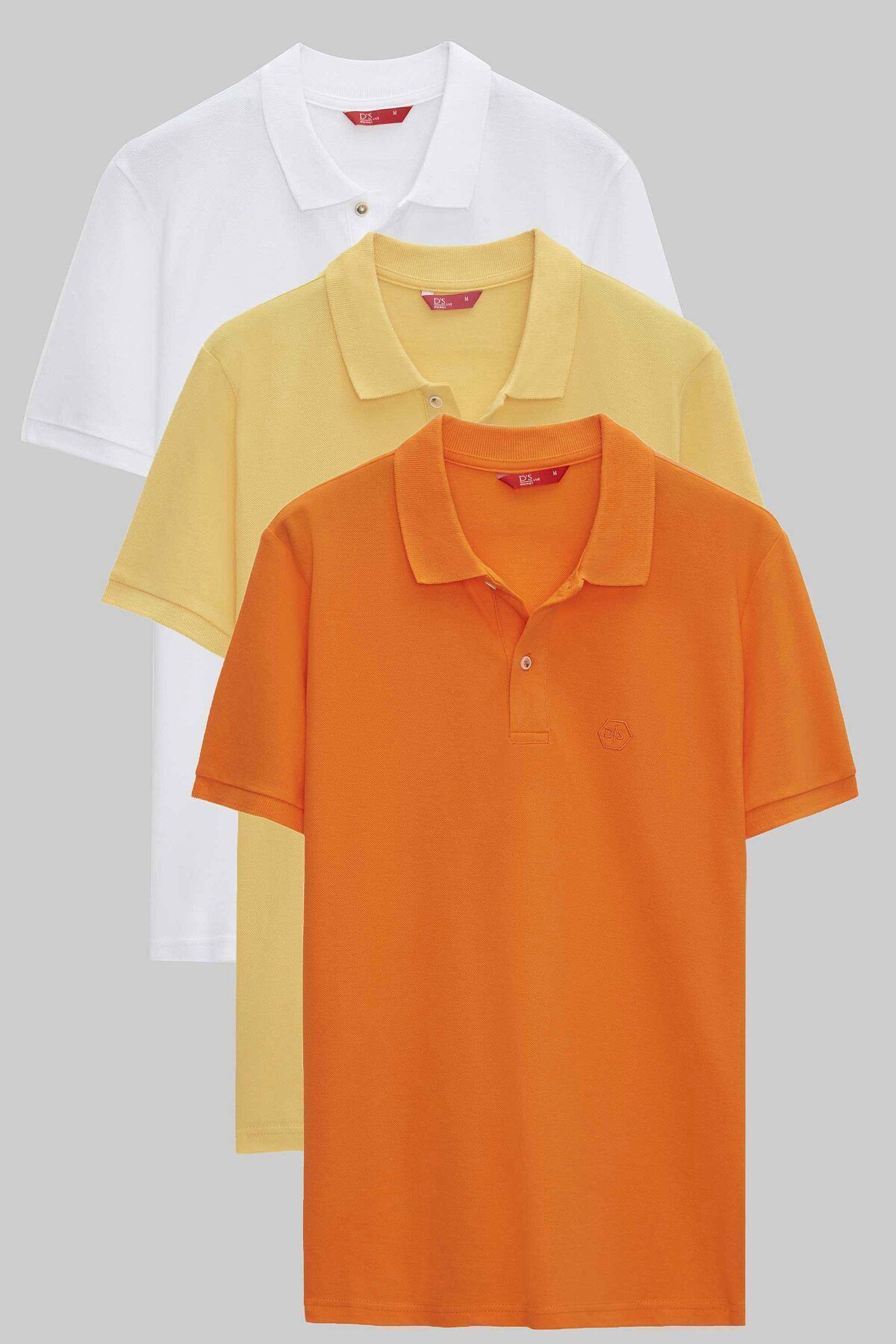 D'S Damat Regular Fit Beyaz/açık Sari/turuncu Pike Dokulu %100 Pamuk Polo Yaka T-shirt