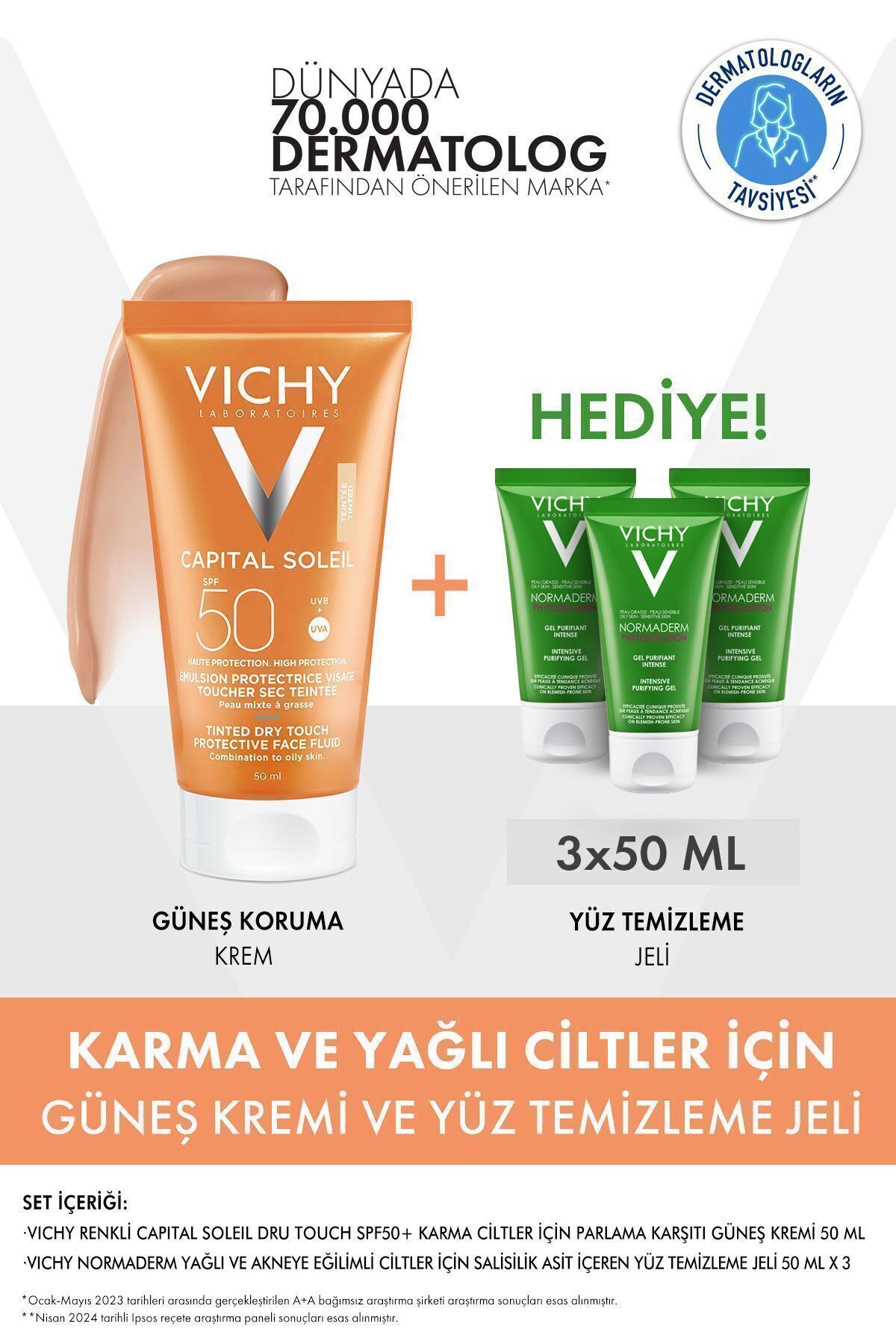 Vichy Karma ve Yağlı Ciltler İçin Güneş Kremi & Yüz Temizleme Jeli/ Renkli