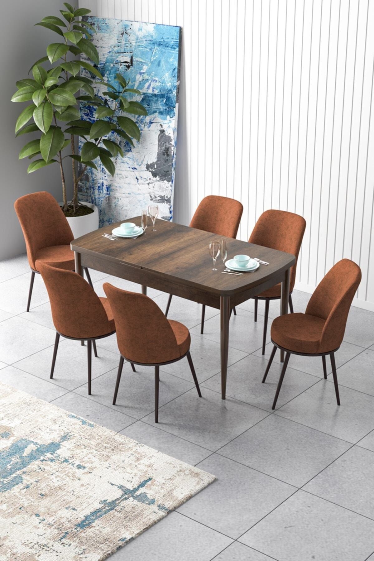 Canisa Concept Zen Serisi Mdf Açılabilir Mutfak Masa Takımı-barok Masa+ 6 Kiremit Sandalye