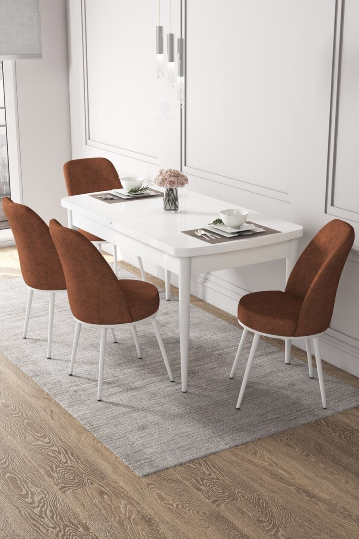 Canisa Concept Via Serisi Açılabilir Mutfak Masası Takımı-beyaz Masa+4 Adet Kiremit Sandalye