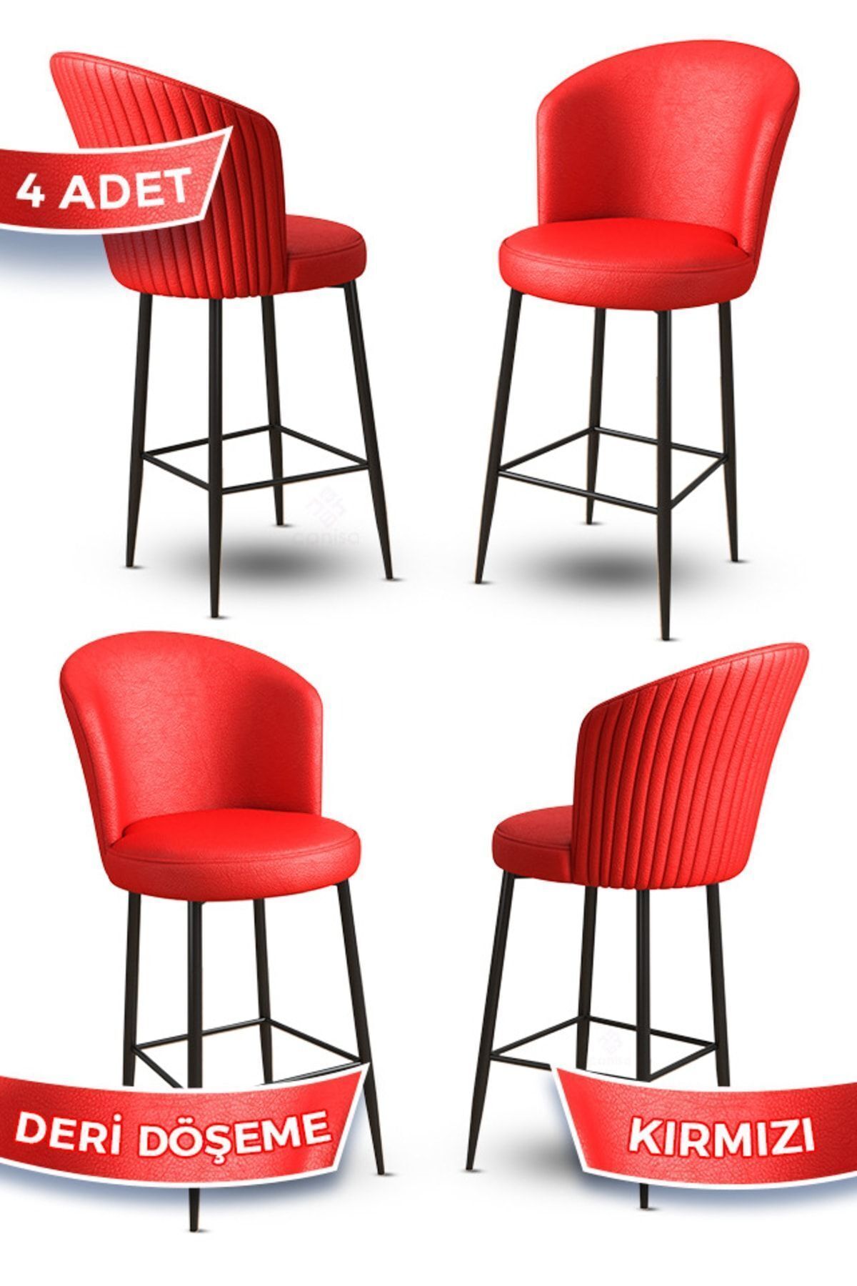Canisa Uras Serisi 4 Adet Kırmızı Deri Bar Sandalyesi Deri Ada Yemek Odası Sandalyesi Siyah Metal Ayaklı