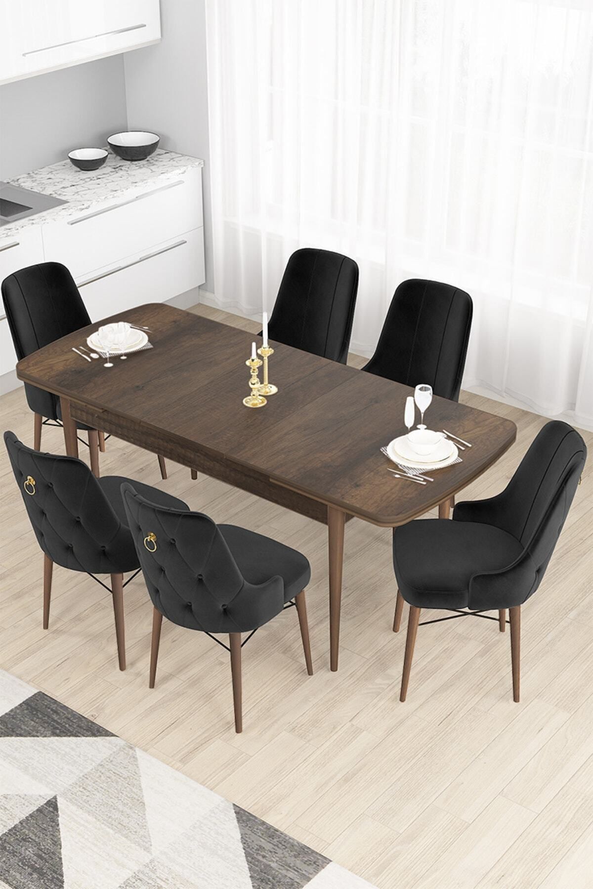 Canisa Concept Taç Serisi, 80x132 Barok Ahşap Desen Yemek Masası Takımı, 6 Siyah Sandalye Gold Halkalı