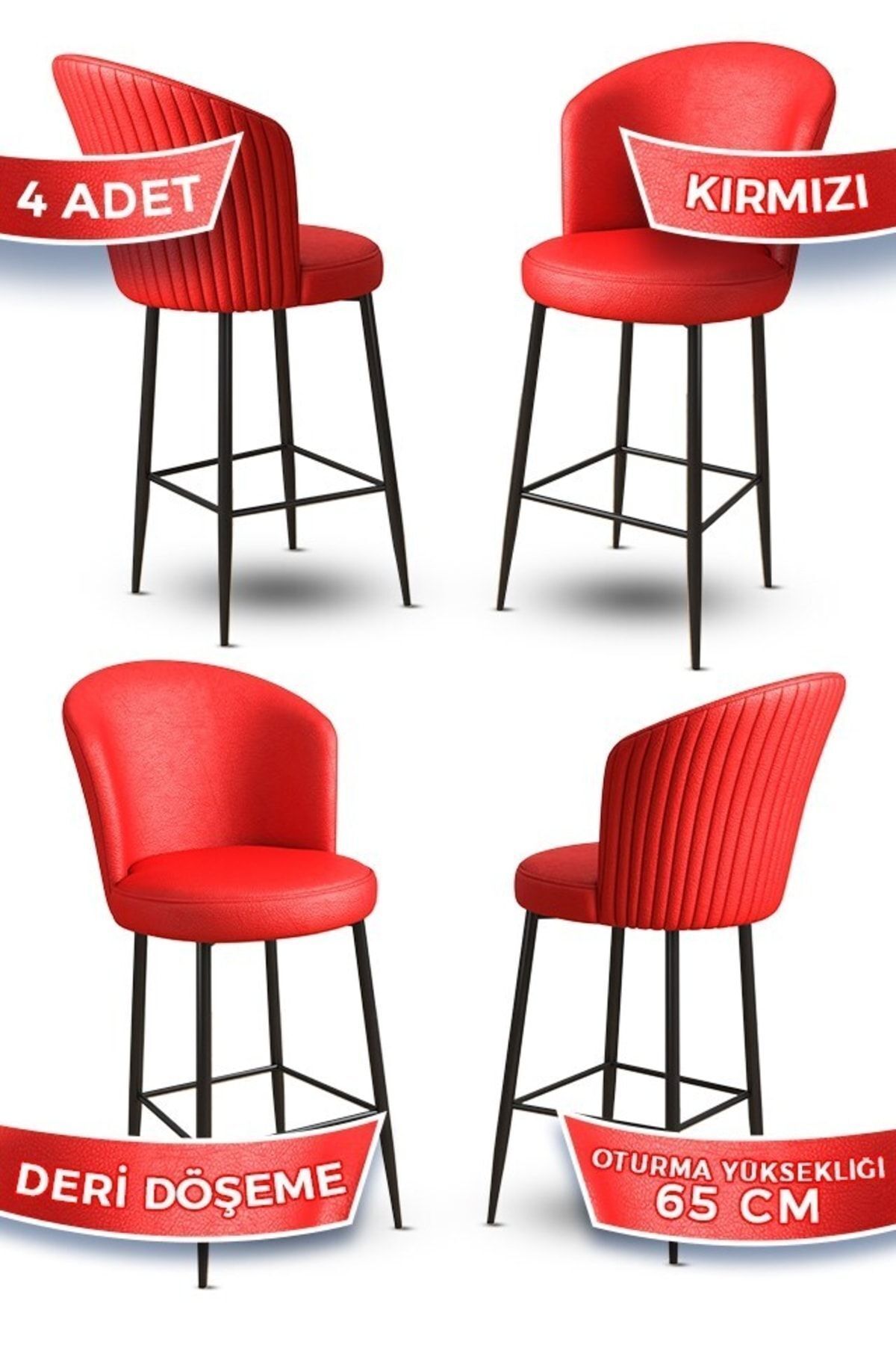 Canisa Rika Serisi 4 Adet Kırmızı 65 Cm Deri Bar Sandalyesi Siyah Metal Ayaklı Ada Mutfak Bar Sandalyesi