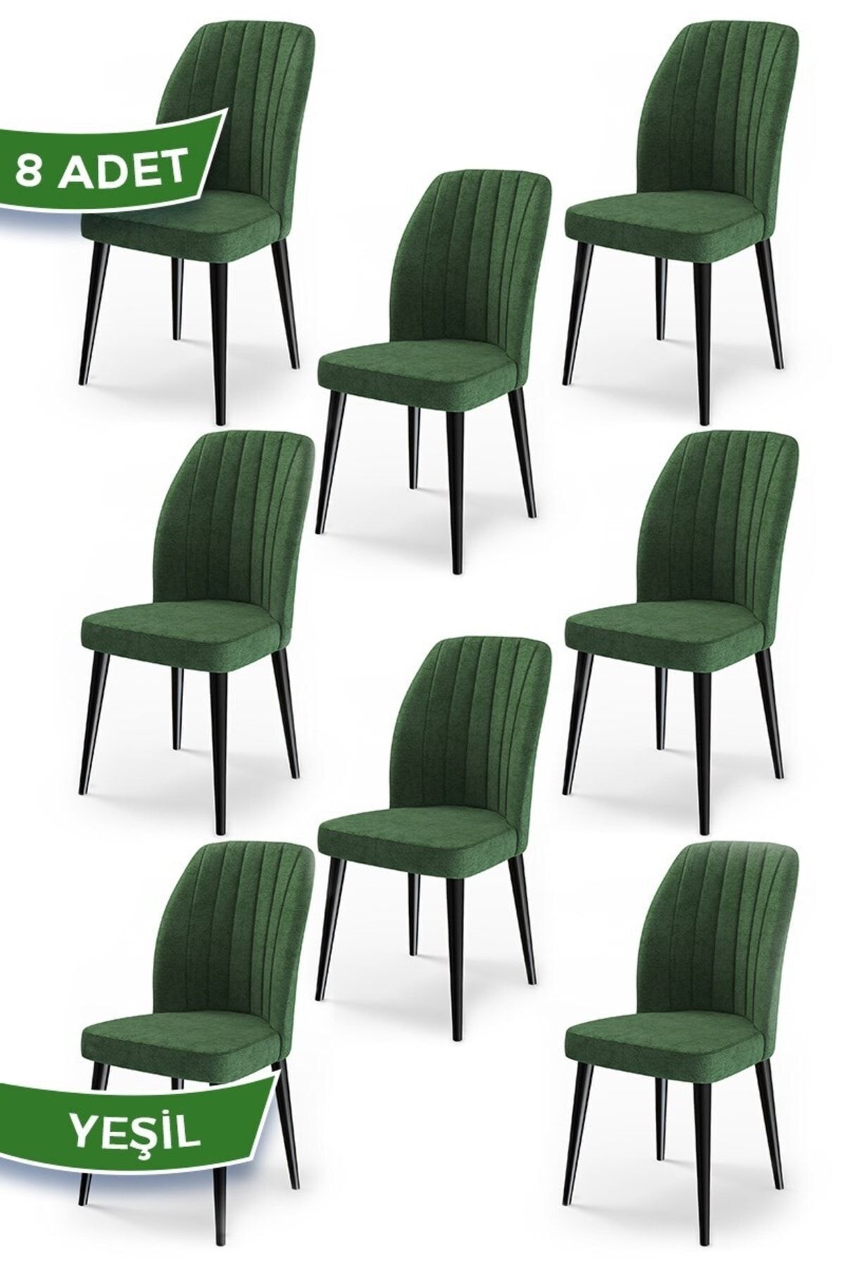 Canisa Etra Serisi, Üst Kalite 1.sınıf Yemek Odası Sandalyesi, 8 Adet Yeşil Sandalye, Siyah Gürgen Ayaklı