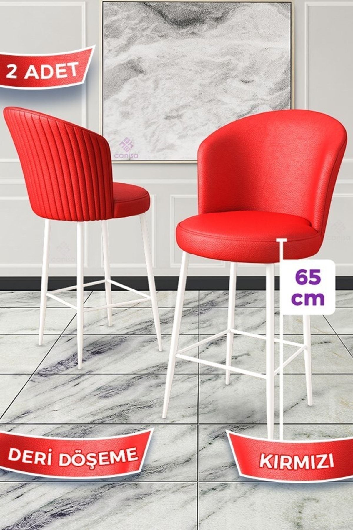 Canisa Rika Serisi 2 Adet Kırmızı 65 Cm Deri Bar Sandalyesi Beyaz Metal Ayaklı Ada Mutfak Bar Sandalyesi
