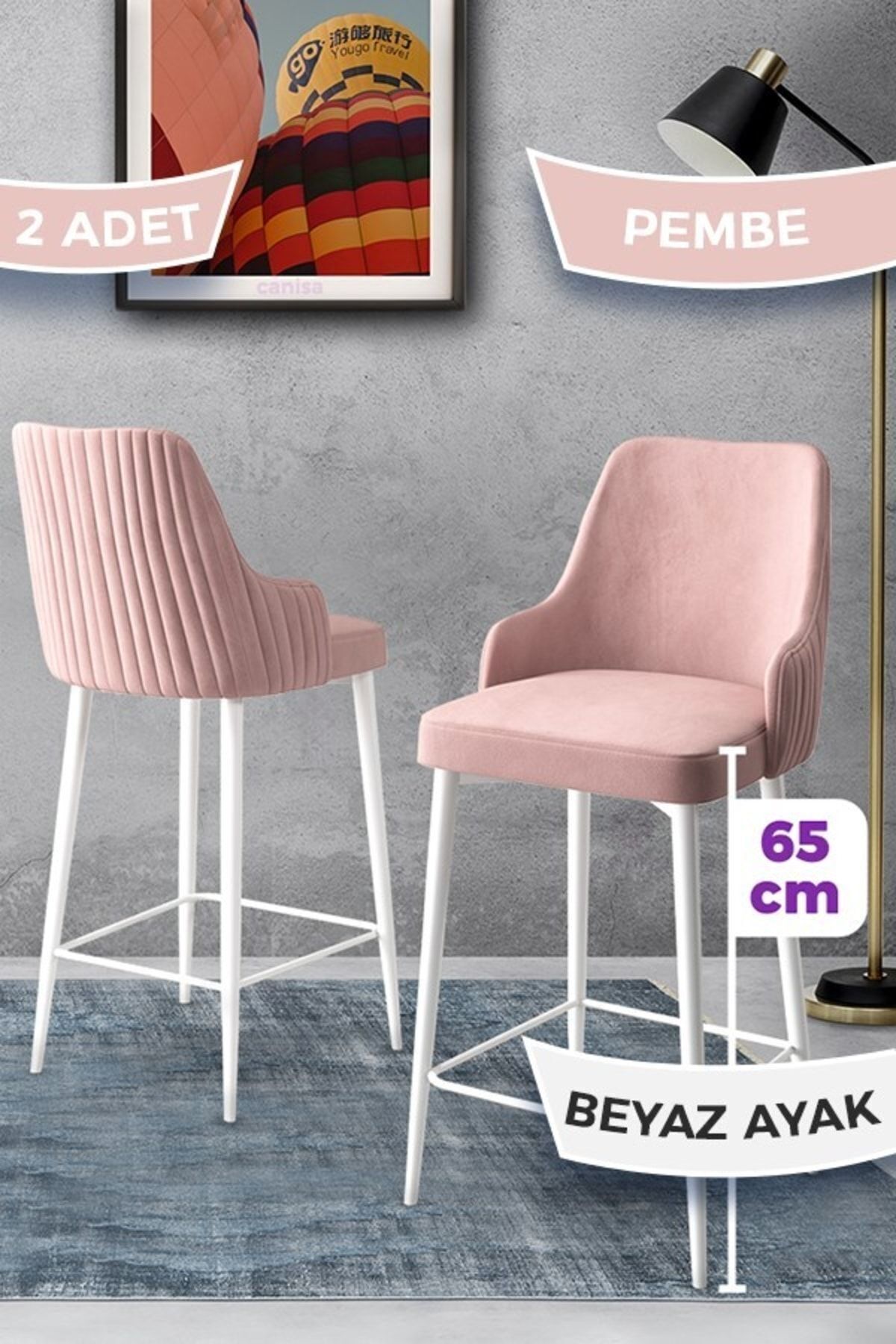 Canisa Tera Serisi 2 Pembe Sandalye 65 Cm Ada Mutfak Bar Sandalyesi Babyface Kumaş Beyaz Metal Ayaklı