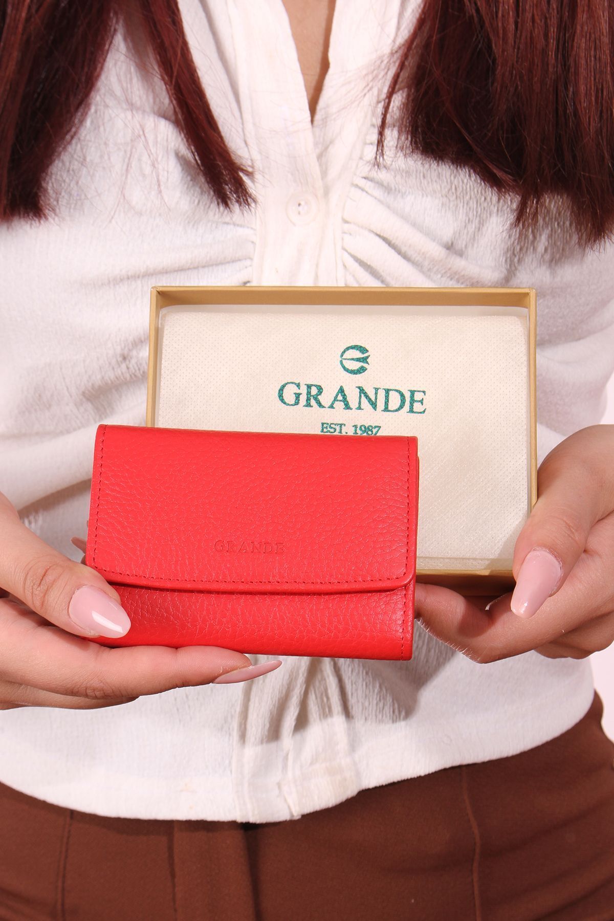 Grande 841 Unisex hakiki deri kartlık akordiyon cüzdan KIRMIZI