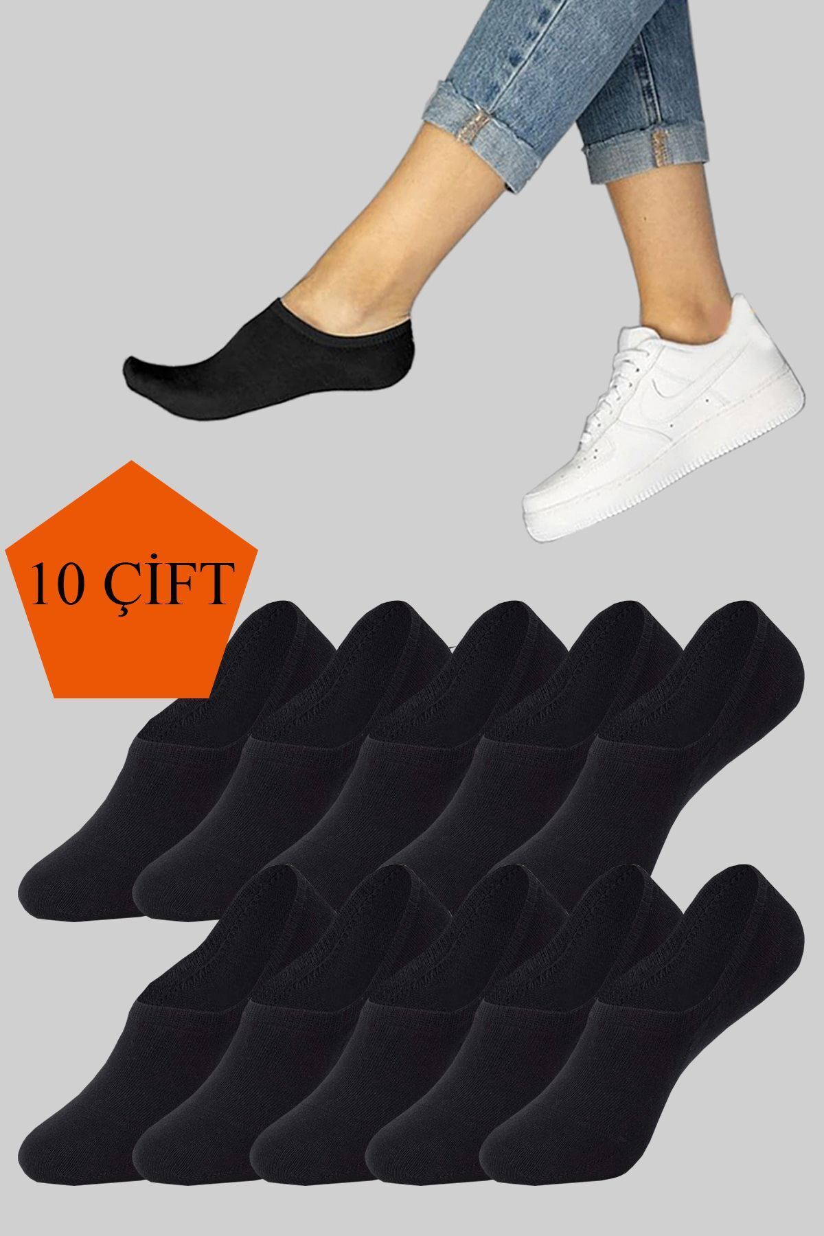Lvari 10 Çift Unisex Pamuklu Görünmez Sneaker Çorap Siyah