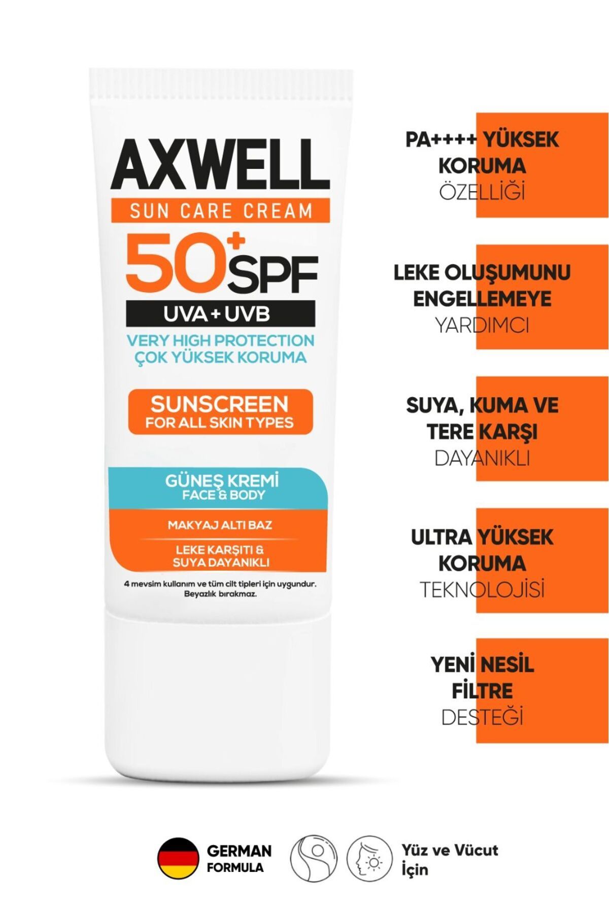 AXWELL Spf 50+ Leke Karşıtı Nemlendirici Yüksek Koruma Güneş Kremi 50 ml