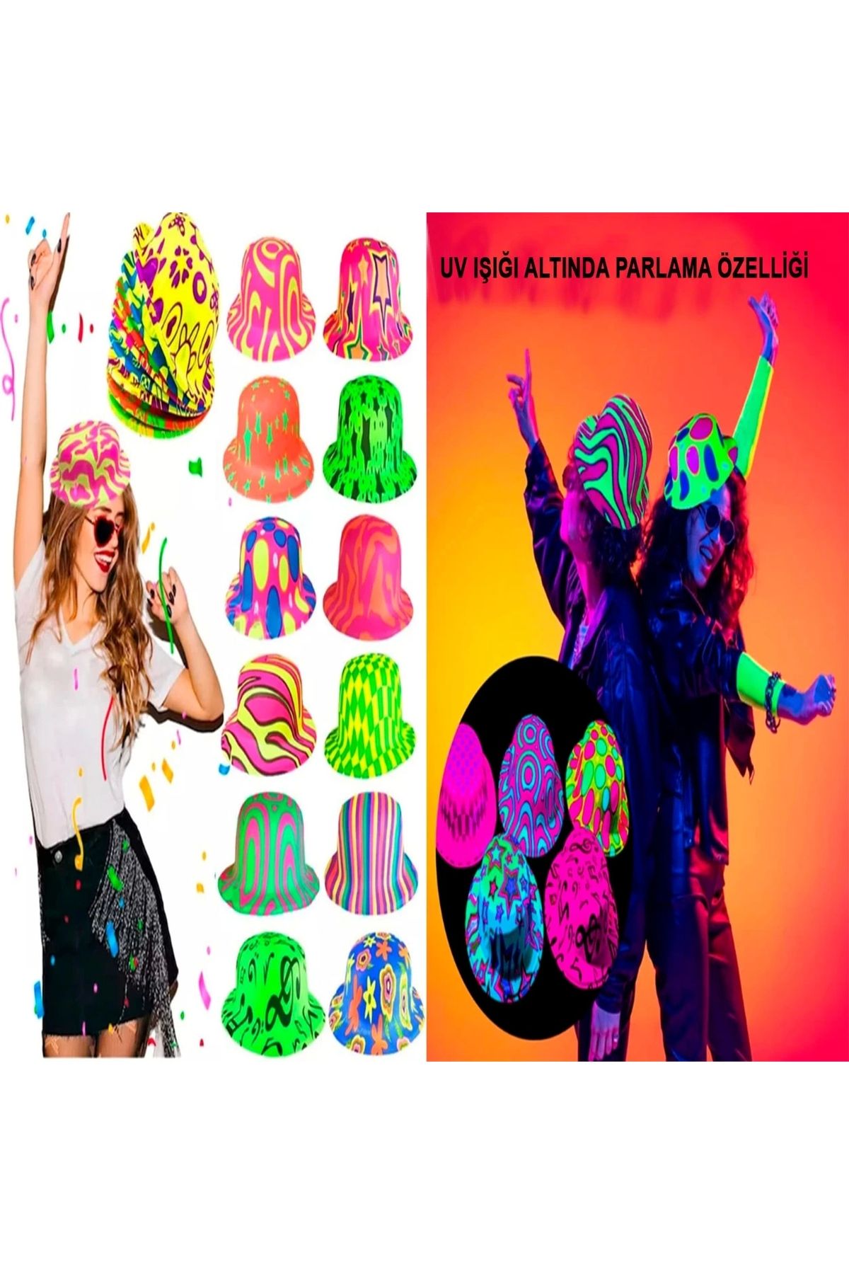 alisverisdevi Farklı Desenlerde Plastik Neon UV Işık Parti Şapkası 1 Adet