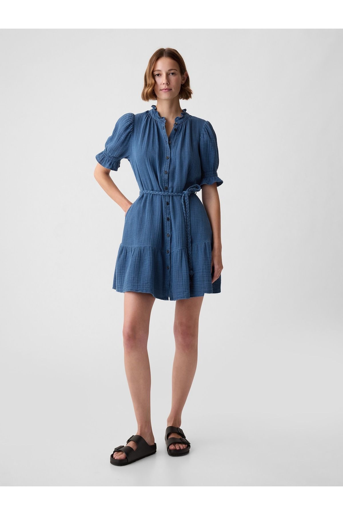 GAP Kadın Mavi Crinkle Gauze Denim Mini Elbise