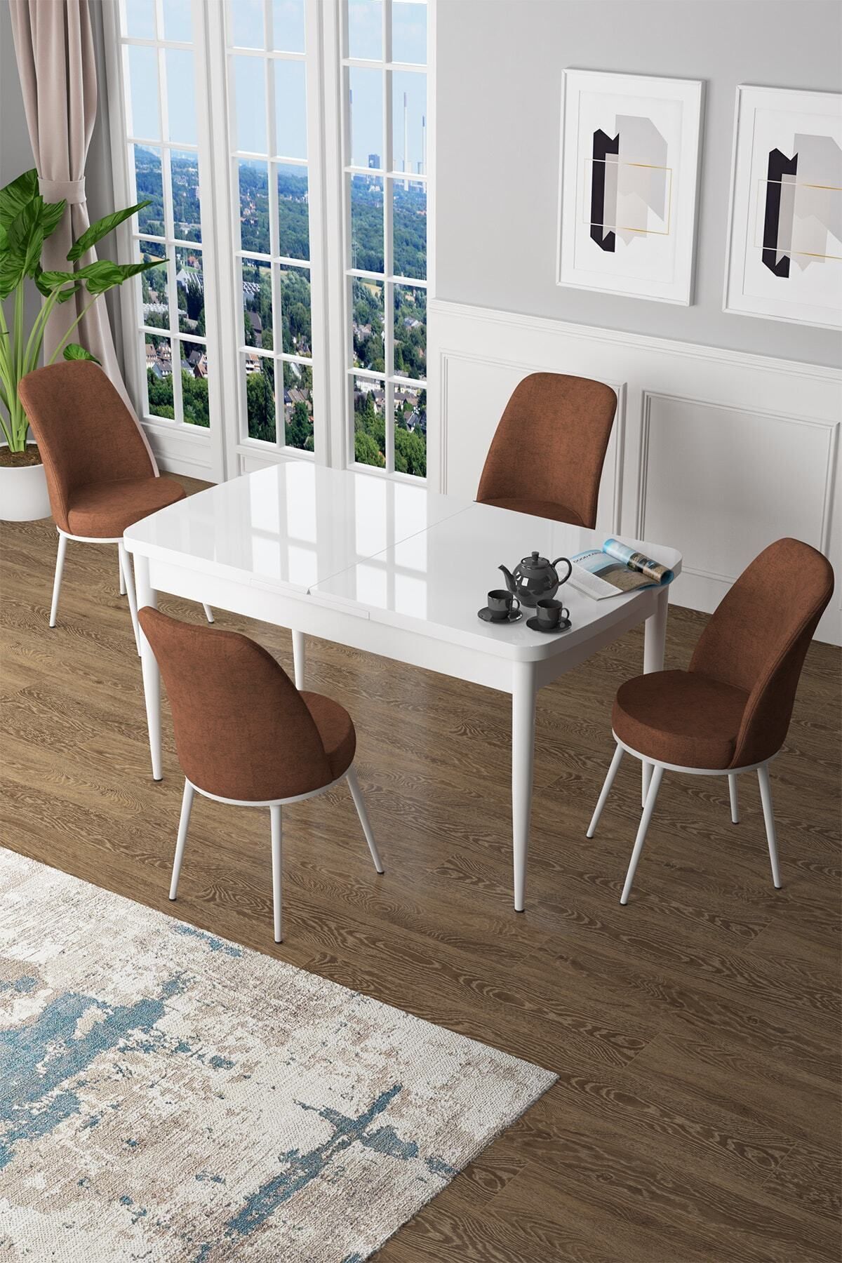 Canisa Concept Zen Serisi Mdf Açılabilir Mutfak Masa Takımı-beyaz Masa+ 4 Kiremit Sandalye