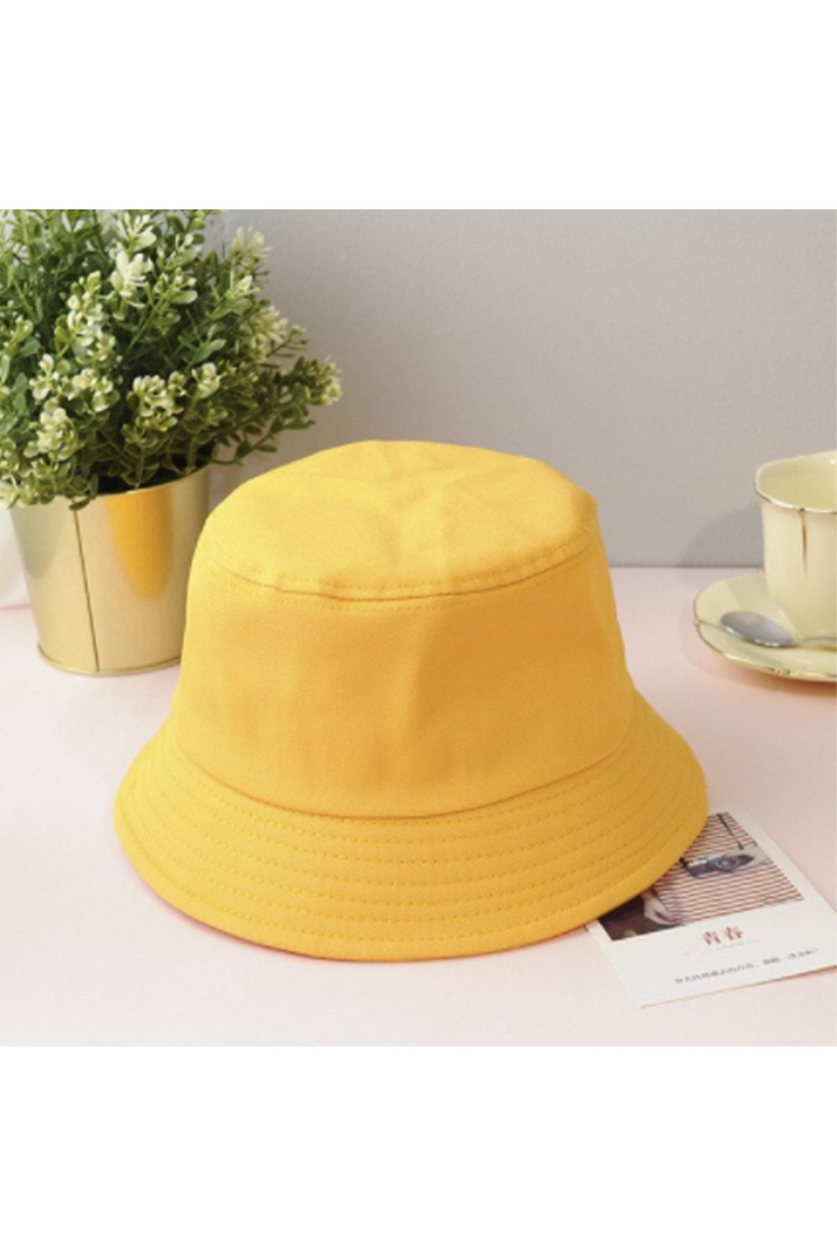 Köstebek Düz Sarı Bucket Şapka