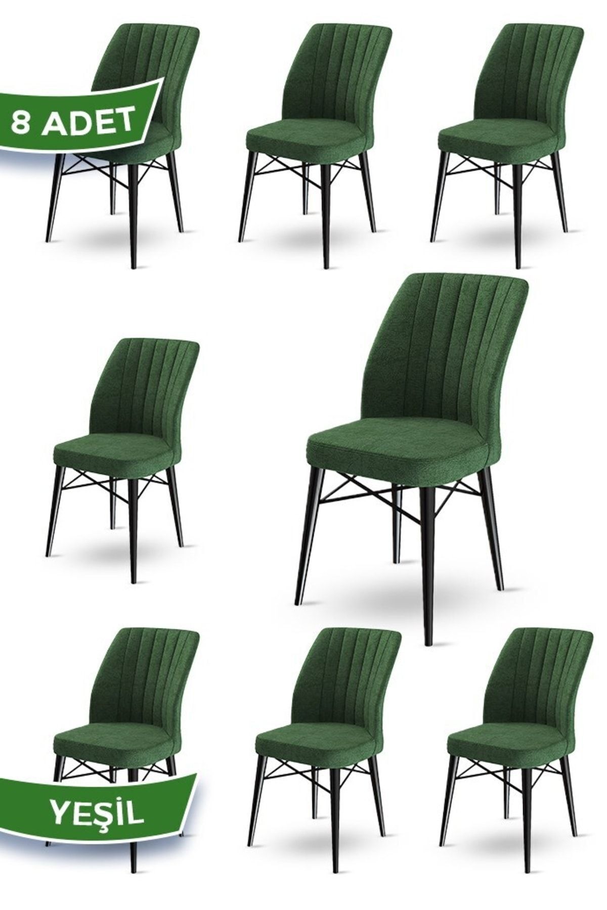 Canisa Flex Serisi, Üst Kalite Mutfak Sandalyesi, 8 Adet Yeşil Sandalye, Gürgen Siyah Ahşap Ayak